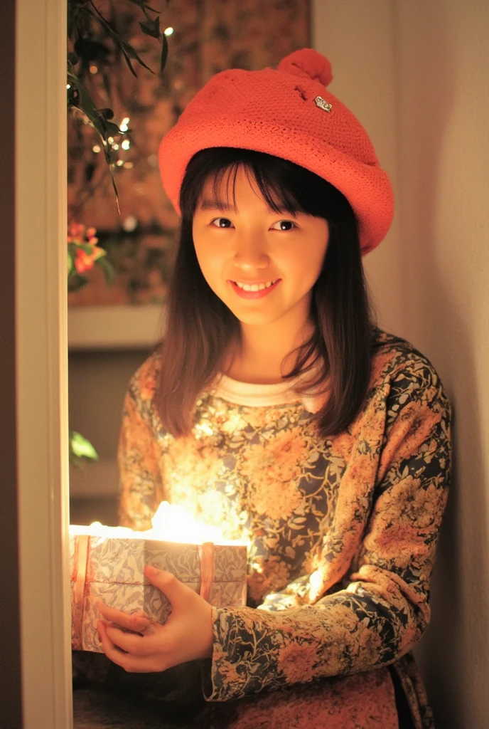 A woman wearing a Santa hat,  holding a present , indoor, Soft light, Sparkly decoration