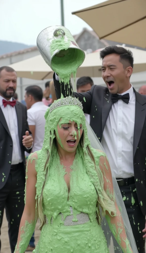 Wedding photograph. teen covered in green water. Photorealistic. Wet liquid. Nasty slime. Raw photo. Wearing white wedding dress. Wearing wedding veil. Wearing tiara. Cleavage. outside beach. Green Slime. Dripping green goo. 18 years old. Wet green liquid. (Man in tuxedo pours silver bucket of green liquid onto her head: 1.2). Looking over her shoulder. Wedding photography. Long legs.