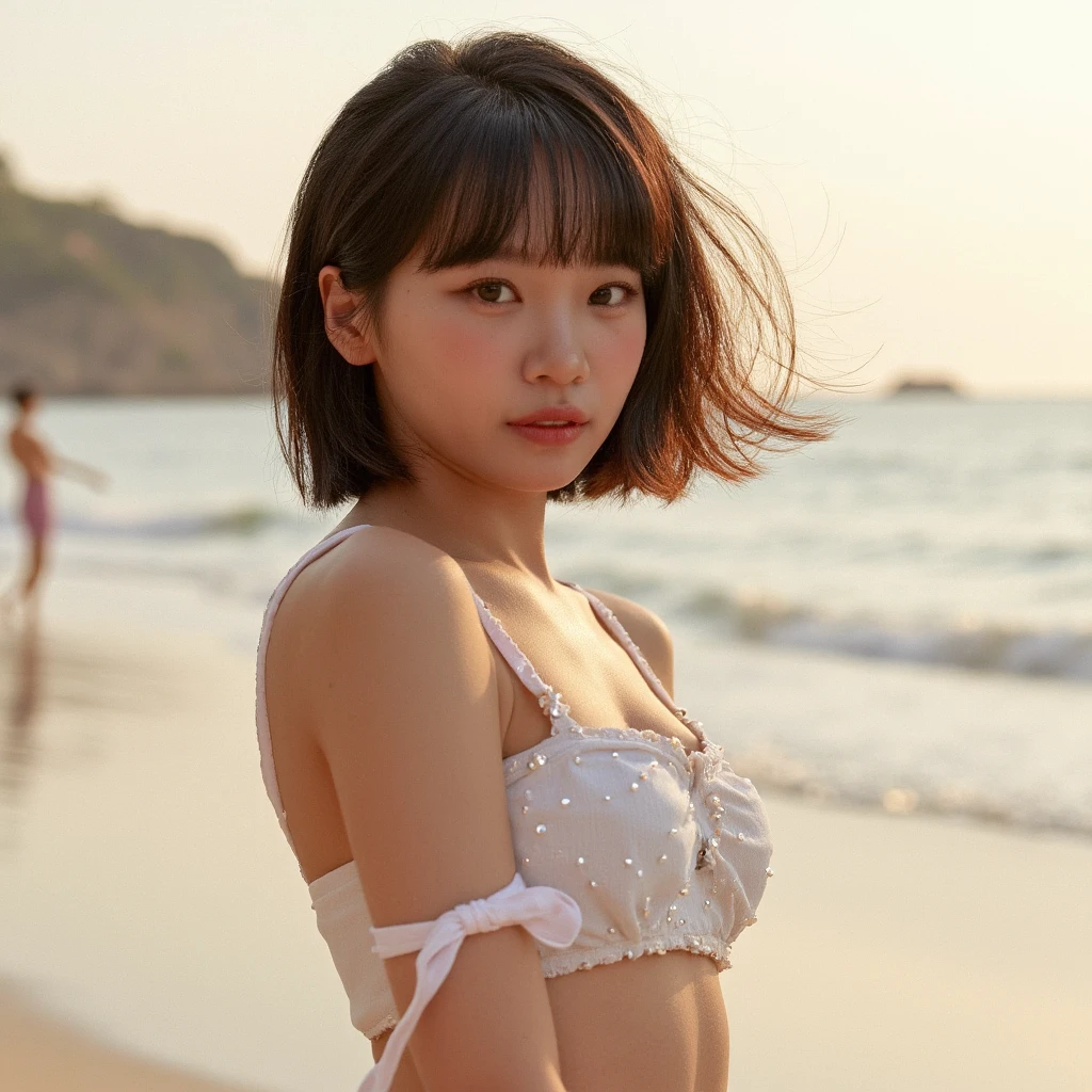 naked，She has a bombshell body and  、Wearing a bikini ,      pretends to be a fashion model but turns pale, (   beach   ),    beautiful details  ,  face ,風になびく髪, リボン, 