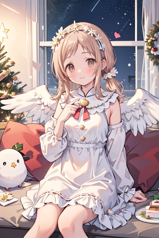 Sakuragi Mano, ((Mega Breasts)),　　(((Starry Sky))), Absolute territory,　　smile, 　((Midnight)), Fluffy,　(Healing), Frills, ((a little white pigeon)), ((feathers)),　brooch, medium hair, best quality, masterpiece, blush, pigeon's blood ruby accessory, light brown hair, 　outside curling hairstyle, side fringe, (forehead : 1.28), left-right symmetry fashion,　Xmas, ((Xmas tree in the room)), ((((white shift dress)))), completely white fashion, ((angel)),　long sleeves, winter, ((((snow)))), light brown hair, light brown eyes, 　living room, Xmas party, present box under Xmas tree, (cake on the dish), sitting on the sofa, eating a piece of cake, quilted skirt, stuffed bird toy, (((white flower crown))),　(white wrist scrunchie), (white ankle scrunchie), ((white wings)), (((spoken heart))), having dish,