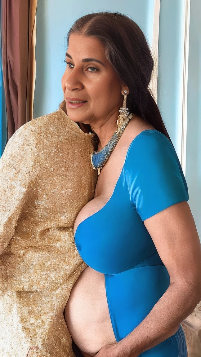 The image is a high-resolution photograph of a close-up, domestic scene with two people. The mature woman is of Indian descent, with a toned body and well-defined facial structure. She is nude, with a full body, large breasts, and her hair is neatly pulled into a low bun. She accessorizes with simple gold jewelry, including a gold necklace and matching earrings. Her expression is sexy and lips-biting, a seductive expression, as she looks at a young man standing next to her. The woman is hugging the boy and the boy leans on his chest and kisses the woman on the chest, inserting a male penis into the woman's vagina, the boy's nude, full body revealing the background. A home interior with white and blue walls, a hint of furniture with a colorful abstract painting and other household objects, suggesting a warm and lived-in space. The lighting is soft, enhancing the emotional intensity of the moment captured. Full length image, side view only, erotic mature face of a woman, having sex, a boy and an older woman having sex,pregnant belly, her belly fat and round, (((big breasts))) , (((big ass))) , ((((orgasmic)))) , (((Mature Indian Aunty))) , (((big Nipple)))
