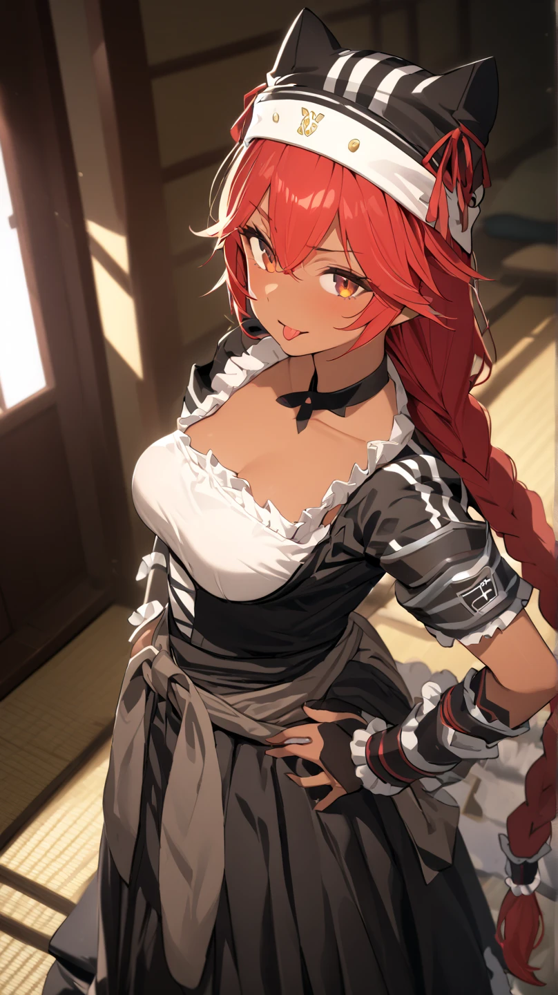  8K ultra HD,  soft lighting ,  High Quality ,  film grain,  FUJIFILM XT3、最 High Quality , masterpiece,  High Definition , 
 red eyes,  red hair,  braids, tongue,,  wears a black beast-ear hat, is holding a weapon, One girl , solo, Dark Skin,brown skin
Japanese-style room ,
,  black maid clothes, short sleeve/gauntlet,  white knee-high ,  garter belt,  choker , black long skirt, hands behind hips , closeup , high angle, look, 