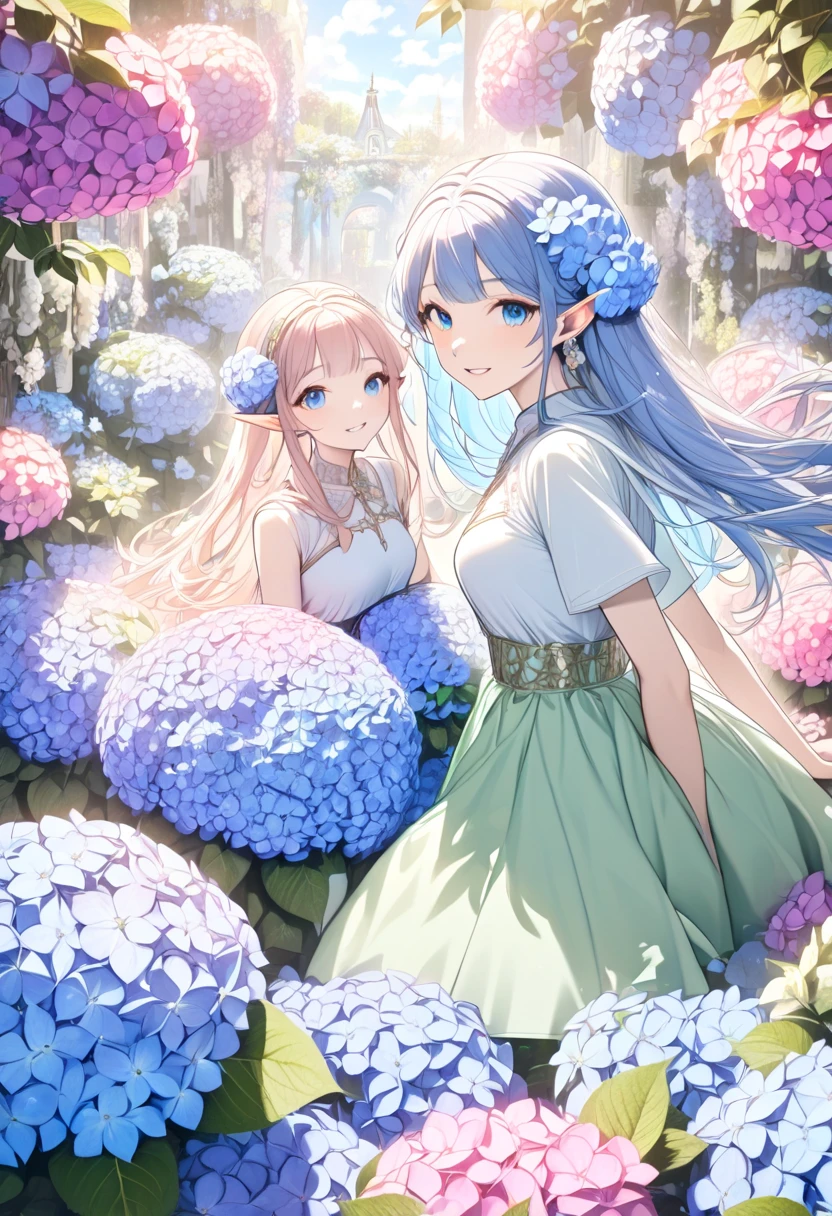 Elves surrounded by hydrangea flowers