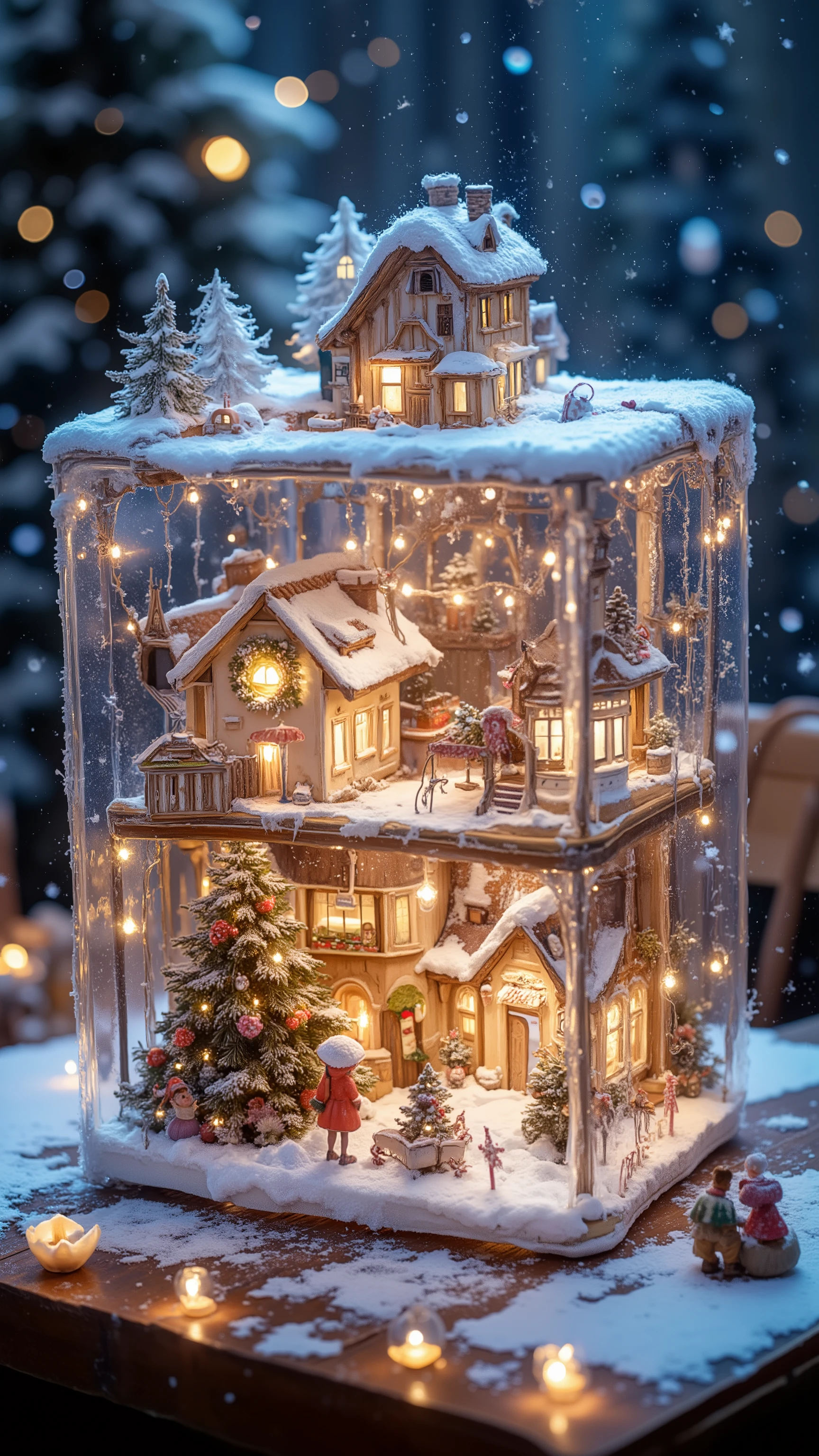 A transparent Christmas gift box with a magical miniature town inside. The town features snow-covered houses decorated in a festive Christmas style, with twinkling fairy lights, wreaths, and candy canes. The scene inside the box has a glowing, ethereal light, creating a whimsical and enchanting atmosphere. Fine details include tiny people enjoying Christmas activities, a decorated Christmas tree in the town square, and gentle snowfall visible inside the box. The entire composition is vivid and dreamy, evoking a sense of wonder. aidmaMJ6.1