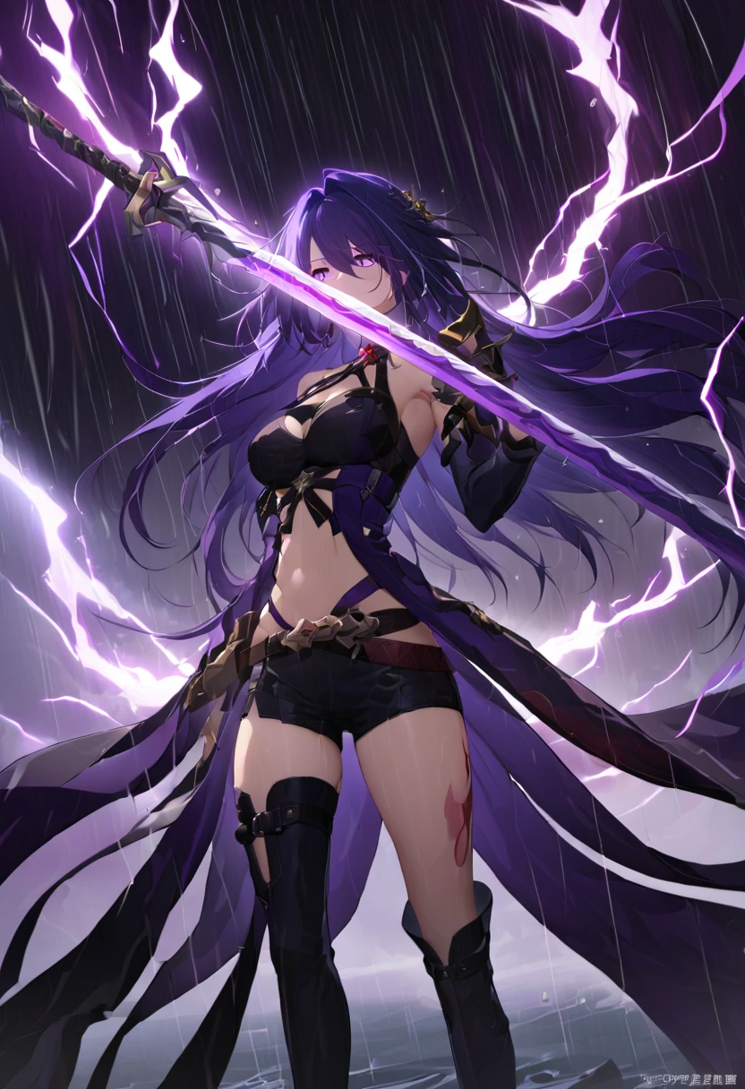 ((masterpiece)),(( top quality )), high res,  perfect lighting,8k wallpaper,  cowboy shot , One Girl , Acheron \(Collapse: Star Rail\)Purple Hair, long hair,  PURPLE EYES, watching the audience,black sea 水,rain,、  holding a sword  、Dark Background, 