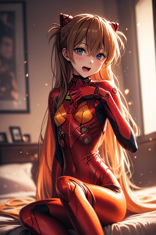 (( top quality )), ((masterpiece)), (be familiar with),  perfect face, indoor, bedroom,  Watching Viewers ,
One woman,  Soryu Asuka Langley,
 open mouth,  ecstatic expression beside the piano, blush, smile,
 small tits,  flat chest, Young girl, Lori,  s,  girl,
 long hair,  twin tails,
Leg spread,