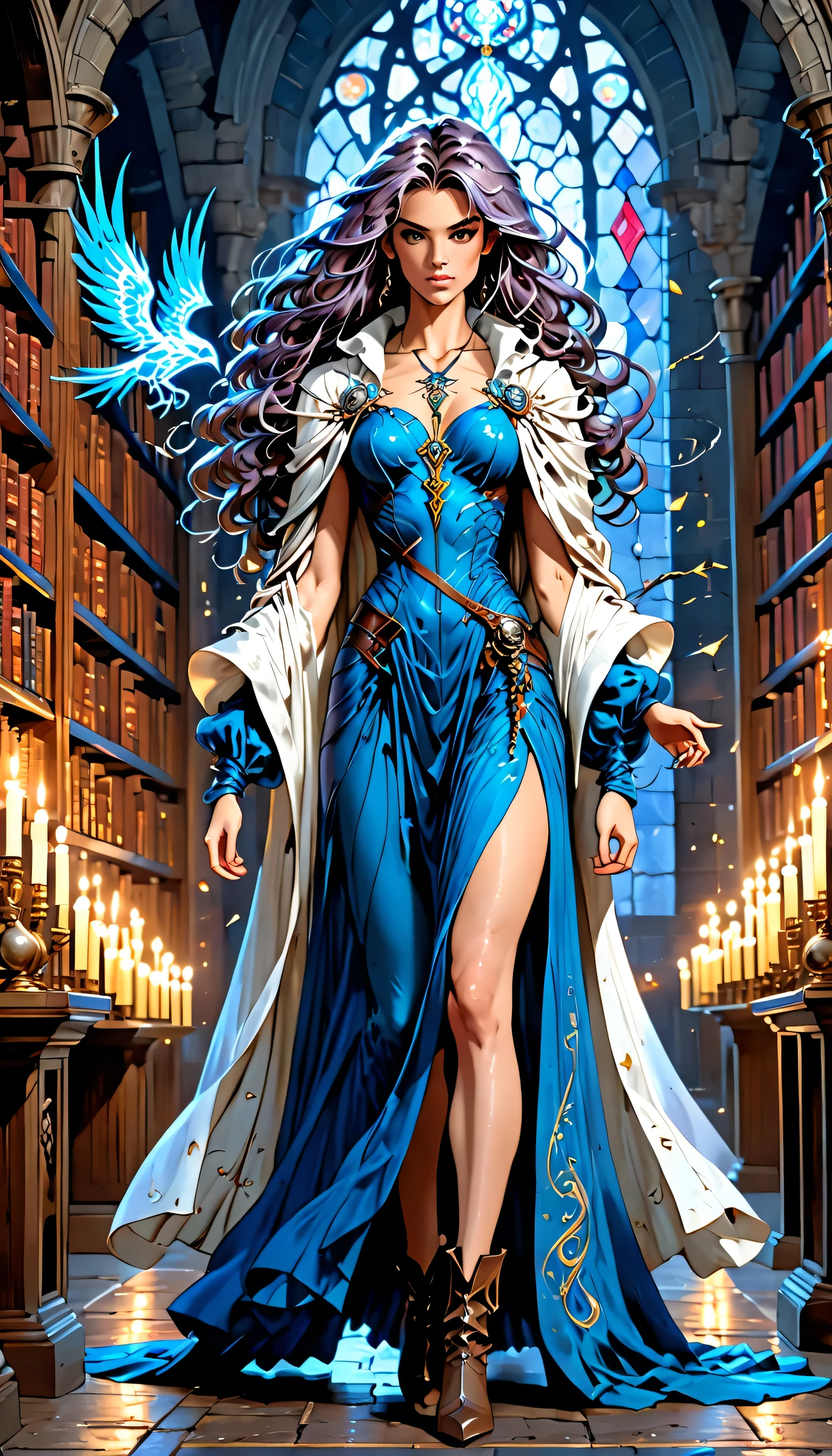 picture of a sorceress casting a spell in magical library, exquisite beautiful woman, dynamic hair color, dynamic hair style, ((full body shot: 1.5)), ((anatomically correct: 1.5)), (ultra detailed face: 1.2), best detailed face, high details, best quality, 16k, ((blue dress: 1.2), (white cloak: 1.3), high heeled boots (ultra details, Masterpiece, best quality) masterpiece, best quality, (extremely detailed), full body, ultra wide shot, (ultra details, Masterpiece, best quality), fantasy art, dnd art, fantasy art, realistic art, (ultra details, Masterpiece, best quality), (ultra details, Masterpiece, best quality), FairyTaleAI, Hyperrealism style
