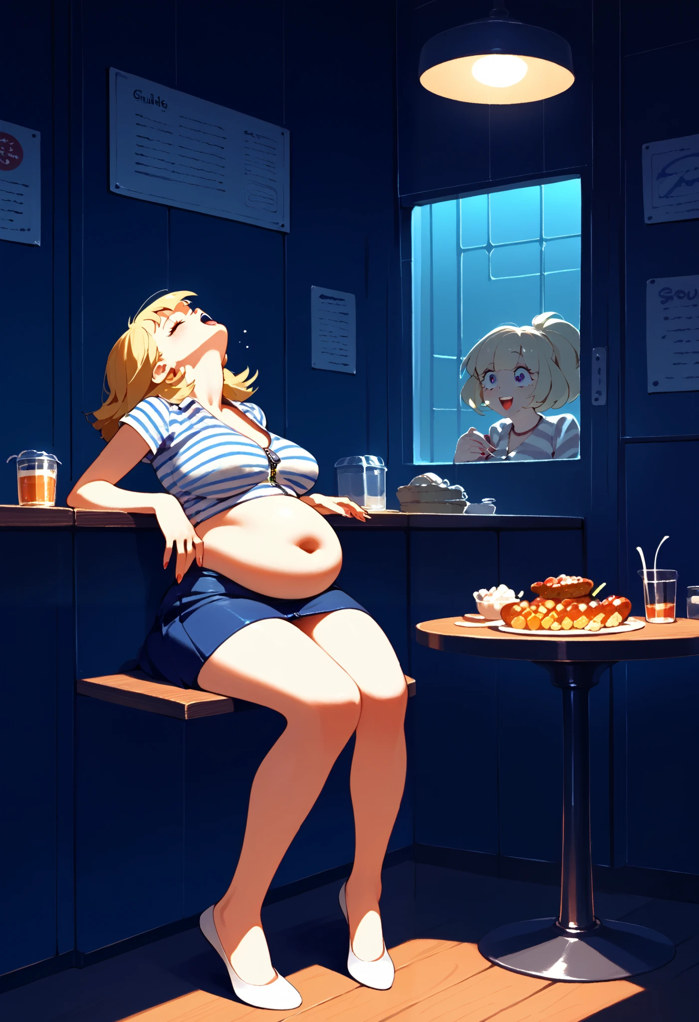 One woman, (quirky woman),, sitting at a booth in a cafe, unzipped skirt, ((fat belly stuffed full from food)), striped v neck shirt, large black square glasses,  thick blonde hair, head back, (sick emotions),  volumetric and specular lighting, ((saggy belly)), ((covered midriff, covered belly))