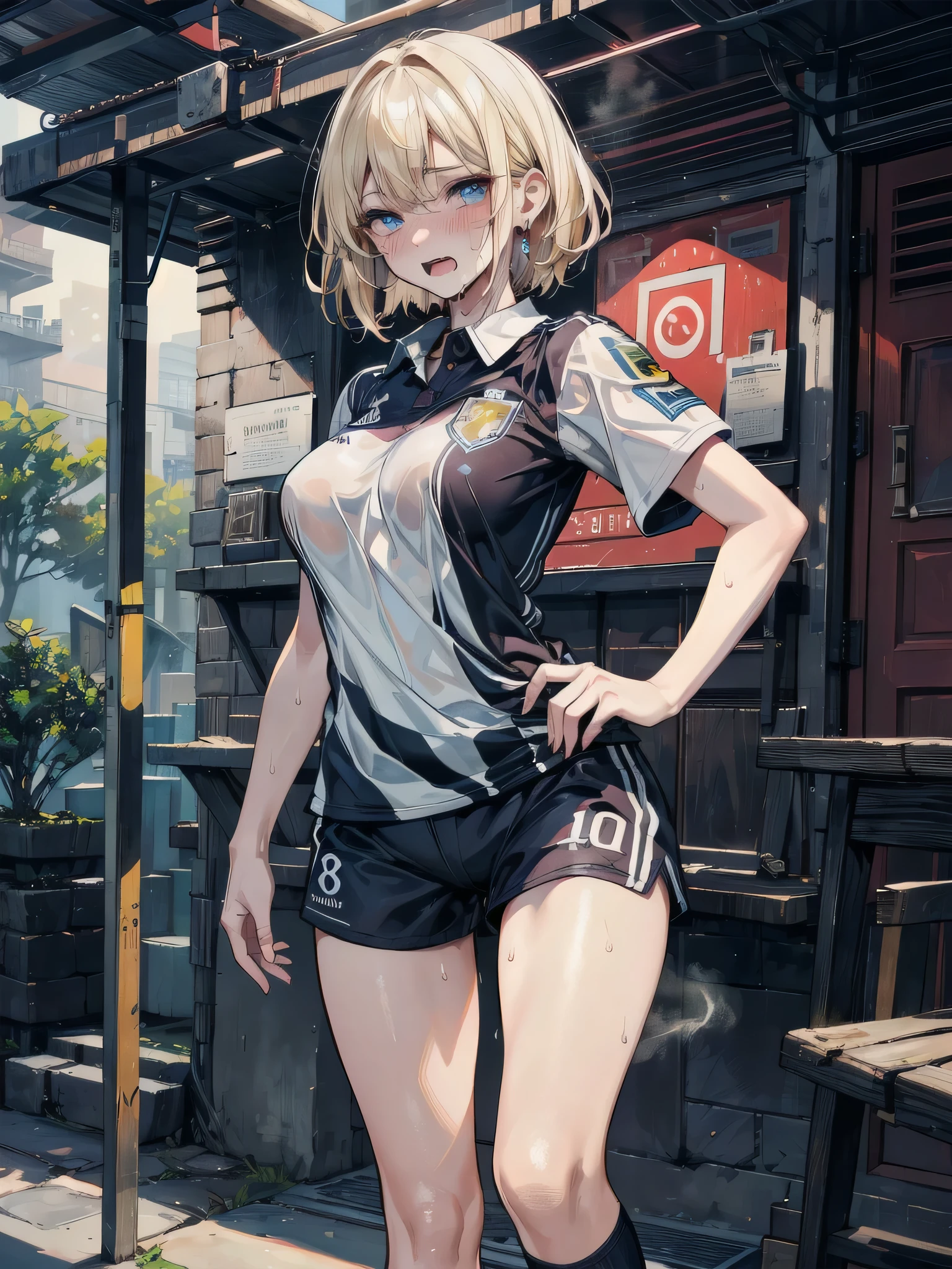 Anime style, super fine illustration, highly detailed, beautiful detailed, pale tone image, static representation, gentle expression, 8k, pretty 1girl with blonde straight short hair & blue eyes & a bright smile & huge breasts & soft fair skin is wearing the black skportswear  & sportshorts & sportsjaket in the park, in the morning, in the brilliant particles of lights, romantic stories, solo, perfect 5fingers, perfect arms, perfect legs, masterpiece.