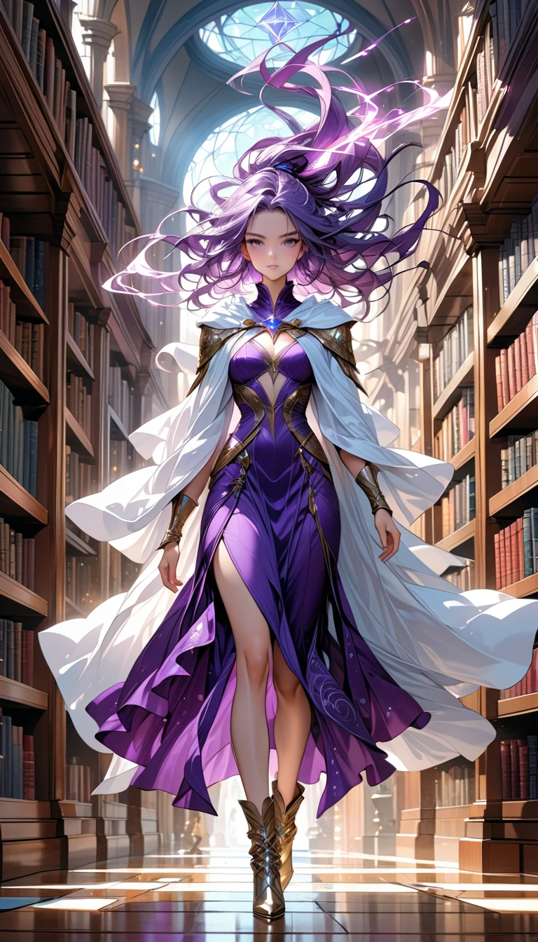 a masterwork picture of a sorceress casting a spell in magical library, exquisite beautiful woman, dynamic hair color, dynamic hair style, ((full body shot: 1.5)), ((anatomically correct: 1.5)), (ultra detailed face: 1.2), best detailed face, high details, best quality, 16k, (long black dress: 1.2), (white cloak: 1.3), high heeled boots (ultra details, Masterpiece, best quality) masterpiece, best quality, (extremely detailed), full body, ultra wide shot, (ultra details, Masterpiece, best quality), fantasy art, dnd art,fantasy art, realistic art, (ultra details, Masterpiece, best quality), (ultra details, Masterpiece, best quality), NecromancyAI, Hyperrealism style, rpg portrait photograph