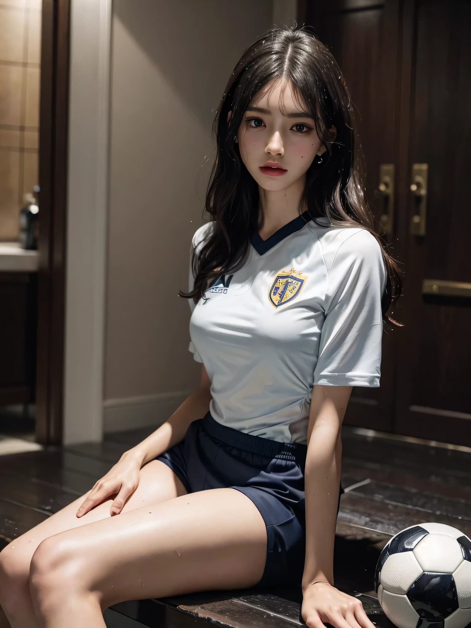 absurderes, Raw photo, Extremely delicate and beautiful, masutepiece, Best Quality, Ultra High Resolution, 16 K, hyper realisitic, Ultra-detailed, Perfect Anatomy, Ultra-detailed細なスキン, Perfect figure, Very detailed CG 8k wallpaper, in her 20s, Very slim body, Narrow waist, Very small head, Very small face, Very detailed face, Very detailed eyes, tear moles, Earring, thin legs, ((very massive round chest)), 1 rapariga, ((Full body shot)), Bare legs, Short hair, Wavy Hair, light brown hair, ((football uniform)), Locker Room,