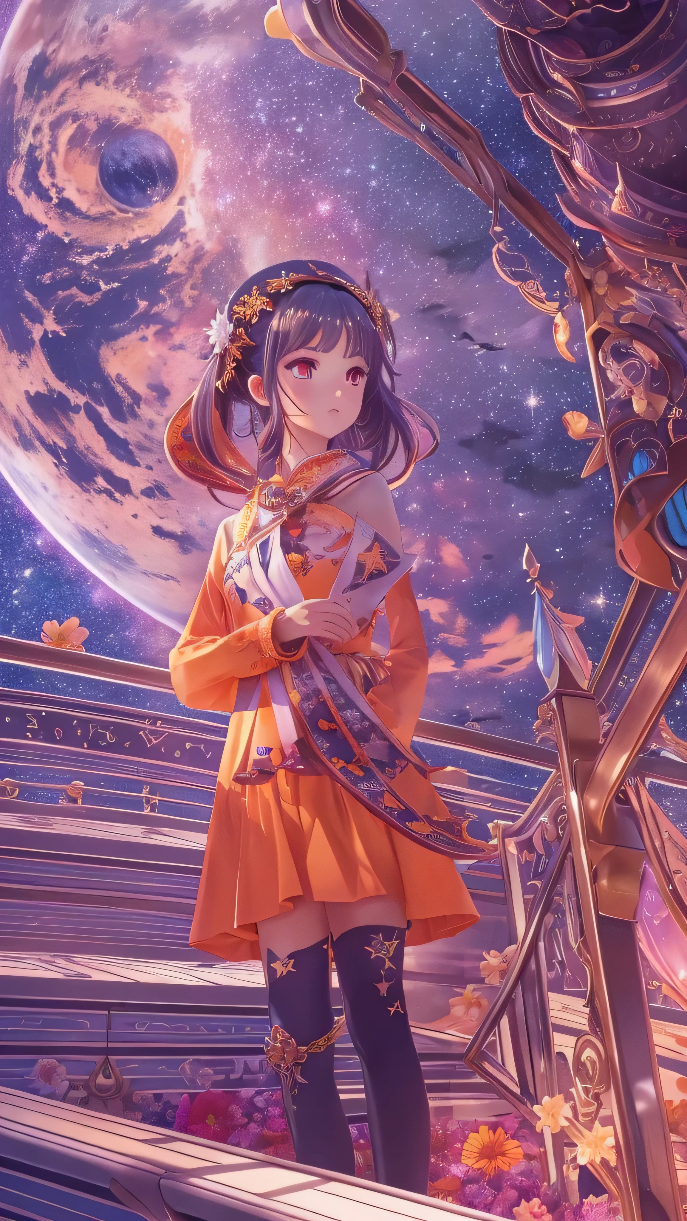 masterpiece,  top quality ,  ultra detail ,  illustrations,starnull ,流star群 ,  One girl ,Alone, Image body, flower,  Watch viewers, face details , full body high quality image  ,  orange clothes ,  Eyes Like Jewels,  very detailed eyes,  extremely detailed face,, Earth background, star (null), constellation, purple energy , handrail, 流star