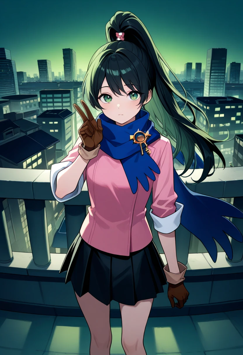 masterpiece,  top quality , Alone,  One girl ,  Miyun Ichiko, Green,  viewers,  standing,  puts her hand on her waist,  two-finger salute,  long hair,  black hair,  high ponytail,  hair accessories, key,  green eyes,  two-sided fabric that closes ,  pink shirt,  rolled up my sleeves,  brown gloves, black skirt,  pleated skirt,  miniskirt,  knee-high,  blue scarf,  outdoors on the street at night,   knight , rooftop, city, street
