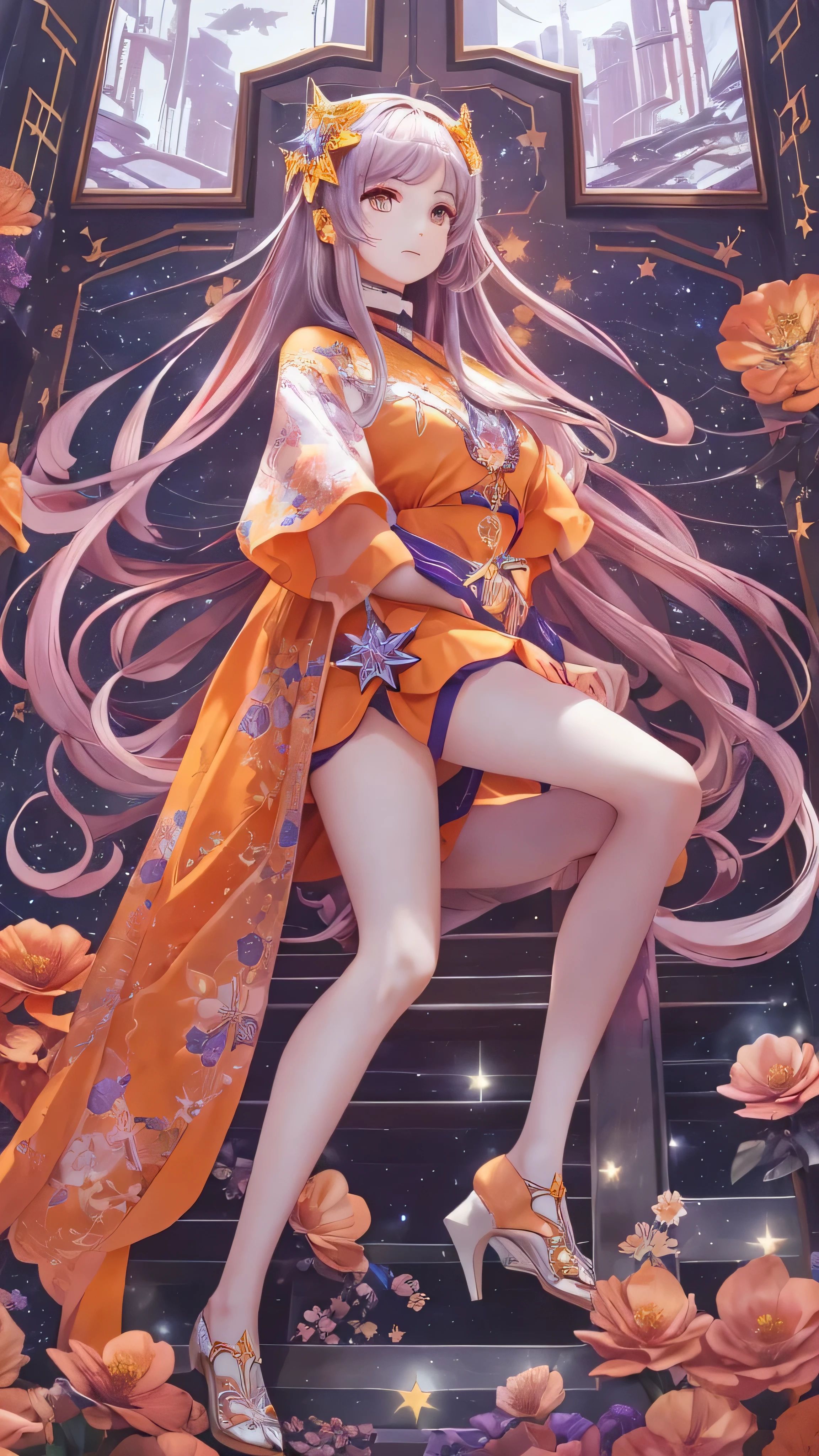 masterpiece,  top quality ,  ultra detail ,  illustrations,starnull ,流star群 ,  One girl ,Alone, Image body, flower,  Watch viewers, face details , full body high quality image  ,  orange clothes ,  Eyes Like Jewels,  very detailed eyes,  extremely detailed face,, Earth background, star (null), constellation, purple energy , handrail, 流star