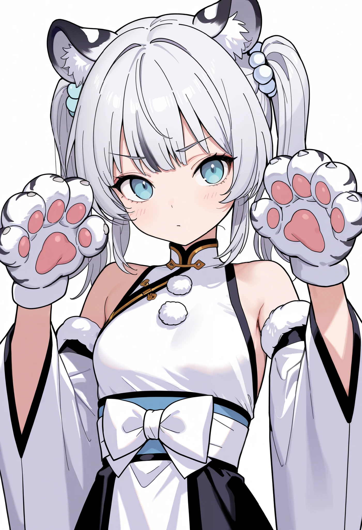 Masterpiece, 1girl,solo,bai and huang, animal ears,silver hair,small breasts,dress,bare shoulders,wide sleeves,sleeveless,hands up,animal hands,tiger paws,white fur, white background, simple background, upper body, score_9,score_8_up,score_7_up,score_6_up,