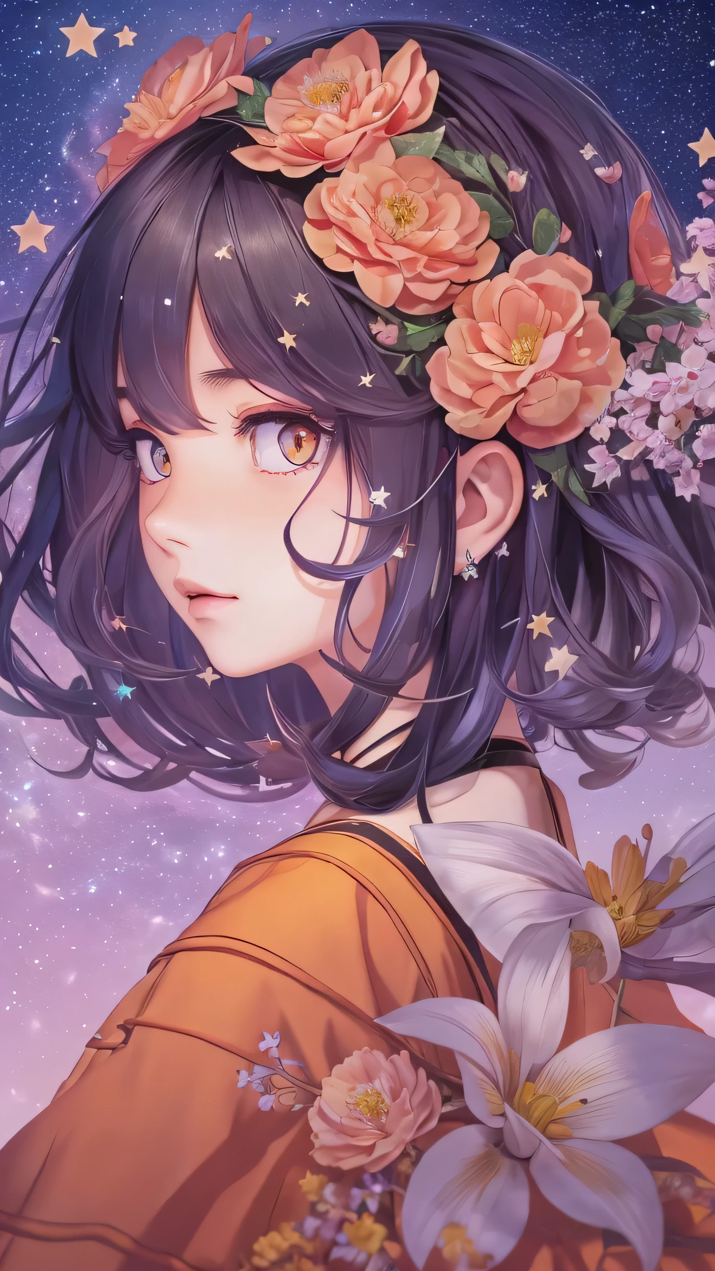 masterpiece,  top quality ,  ultra detail ,  illustrations,starnull ,流star群 ,  One girl ,Alone, Image body, flower,  Watch viewers, face details , full body high quality image  ,  orange clothes ,  Eyes Like Jewels,  very detailed eyes,  extremely detailed face,, Earth background, star (null), constellation, purple energy , handrail, 流star