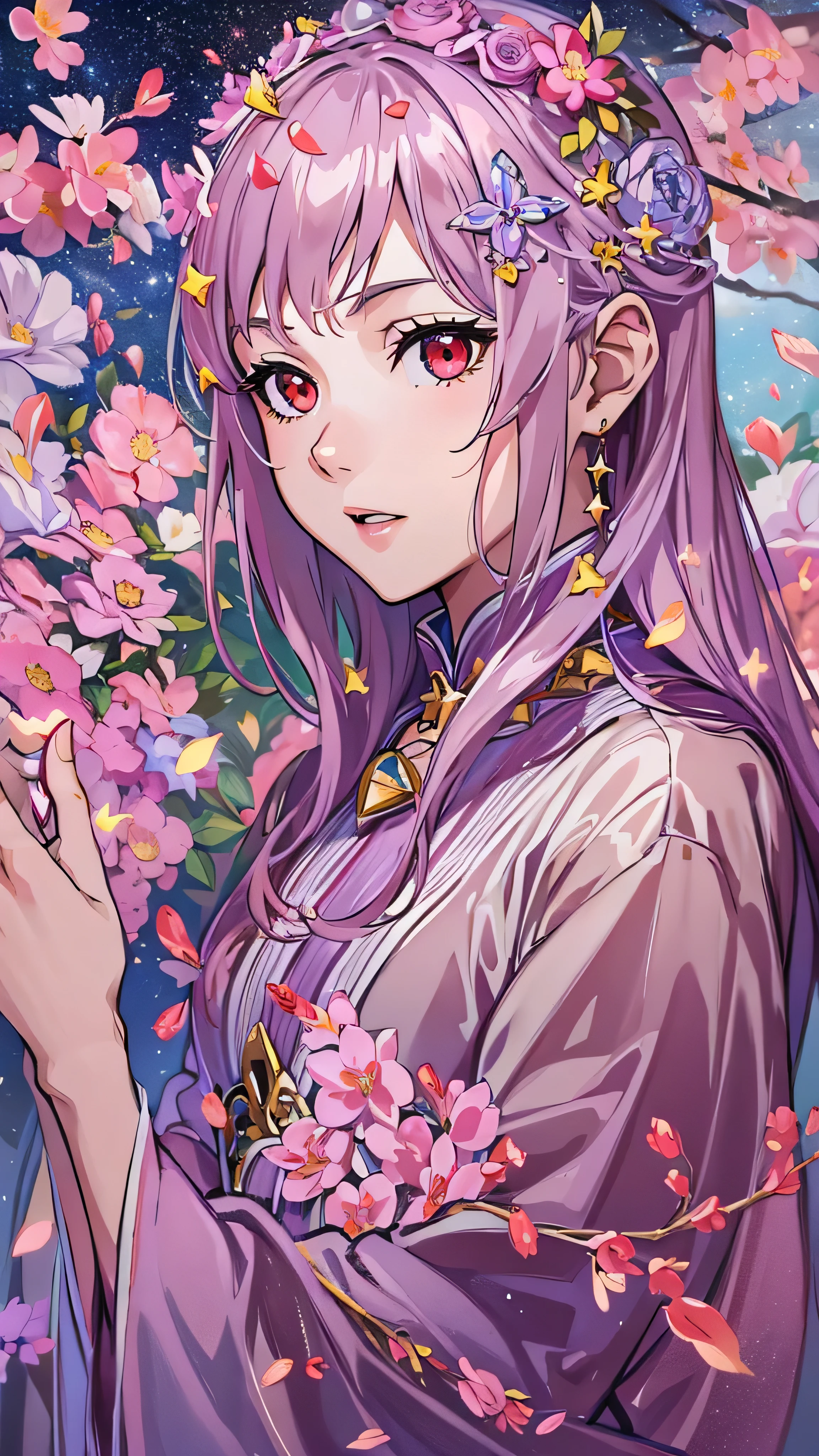 masterpiece,  top quality ,  ultra detail ,  illustrations,starnull ,流star群 ,  One girl ,Alone, Image body, flower,  Watch viewers, face details , full body high quality image  , red eyes,  Eyes Like Jewels,  very detailed eyes,  extremely detailed face,, Earth background, star (null), constellation, purple energy , handrail, 流star、Milky Way Galaxy。