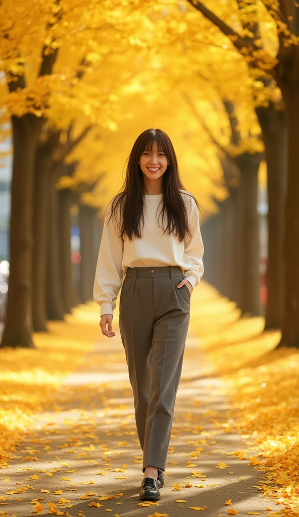 Front view, full body, 1 Japanese woman,  black  hair,  smile ,walks on the golden leaves of a row of gingko trees on  Tokyo street, which are shining like gold, the fallen leaves covered with gold leaf, sunrise, (photographic, super high definition , retina, masterpiece,  anatomically correct, Accurate, textured skin,  super detailed,   High Details  ,  High Quality ,  High Quality ,  high definition , 8k)
