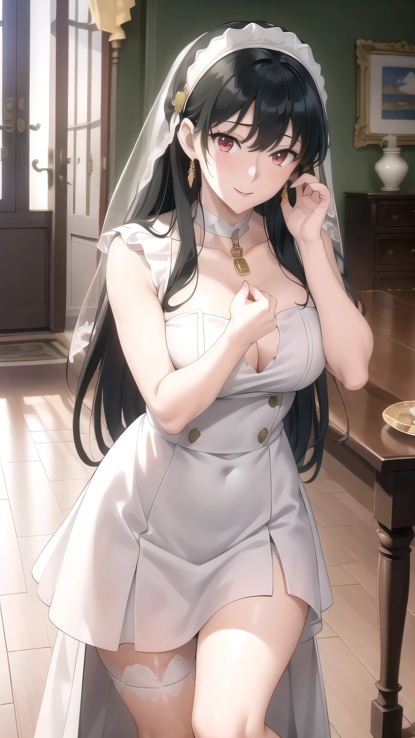 Uniform body, Complete hand, Red Eyes, black hair, silky skin, whole body, whole body pictures,bride, Wedding veil,Wedding dress,white bra, lingerie, lace, underwear,cleveage,clavicle, whole body, Lace,OK, underwear, underwear, whole body pictures, 1 girl, 25 years old,Young women,beautiful Finger,beautiful long legs,beautiful body,beautiful Nose,beautiful character design, perfect Eye, perfect Face,expressive Eye,Perfect balance, looking at the audience,(Focus on her Face),shut up, (Innocent_Big Target_Eye:1.0),Light_Smile, Official Art,Very detailed CG unity 8k wallpaper, Perfect lighting,rich and colorful, bright_front_Face_Lighting,Light skin, (masterpiece:1.0),(最OK_quality:1.0), Ultra-high resolution,4k,Very detailed, photography, 8K, HDR, high resolution, absurd:1.2, Kodak Portrait 400, Film Grain, Blurred background, Bokeh:1.2, Lens Light Halo, (Energetic_color:1.2),Professional photographer, (beautiful,Target_Chest:1.3), (beautiful_Face:1.5),(narrow_waist),Smile, Happy