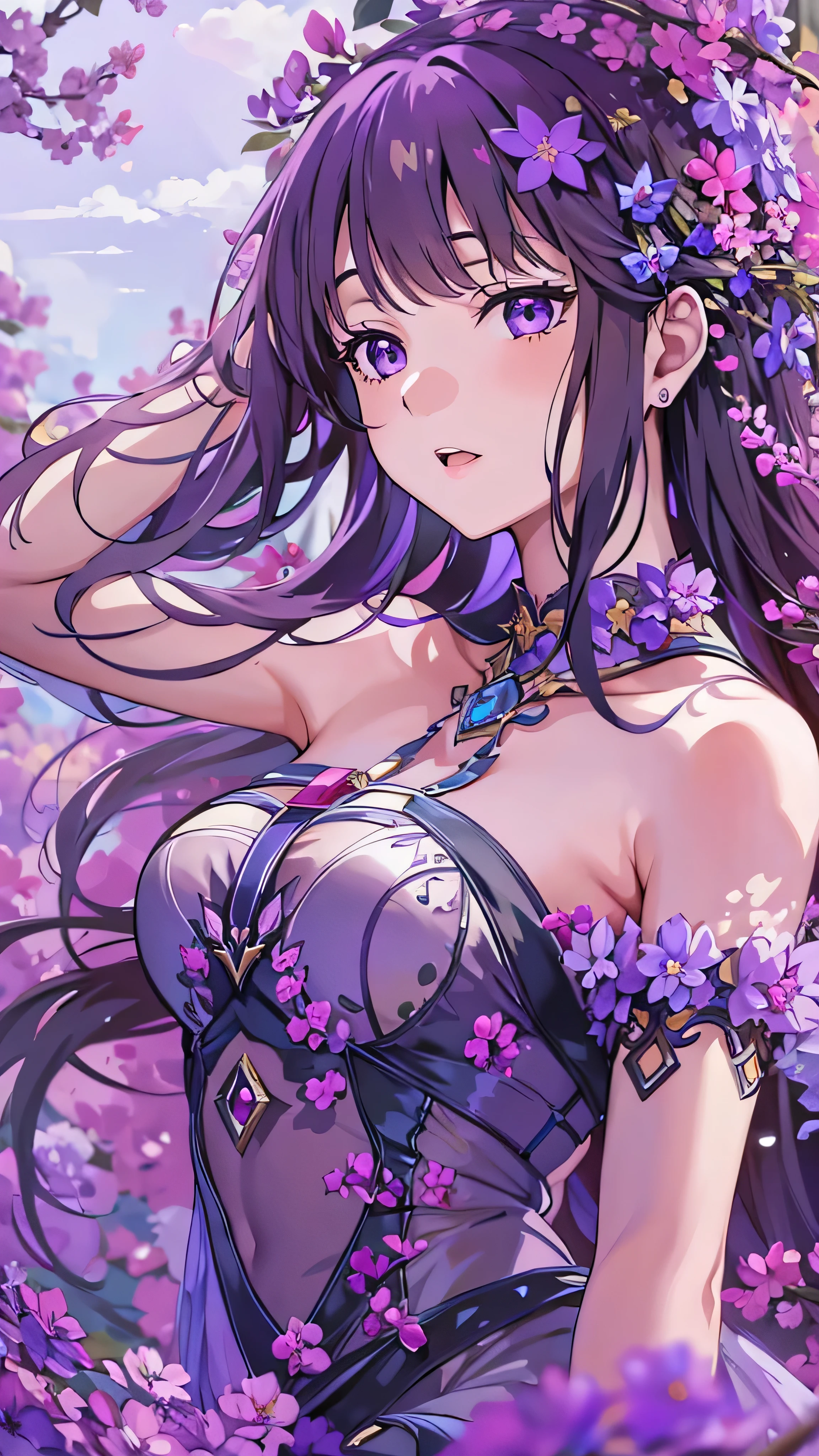 masterpiece,  top quality ,  ultra detail ,  illustrations,starnull ,流star群 ,  One girl ,Alone, Image body, flower,  Watch viewers, face details , full body high quality image  ,  PURPLE EYES,  Eyes Like Jewels,  very detailed eyes,  extremely detailed face,, Earth background, star (null), constellation, purple energy , handrail, 流star