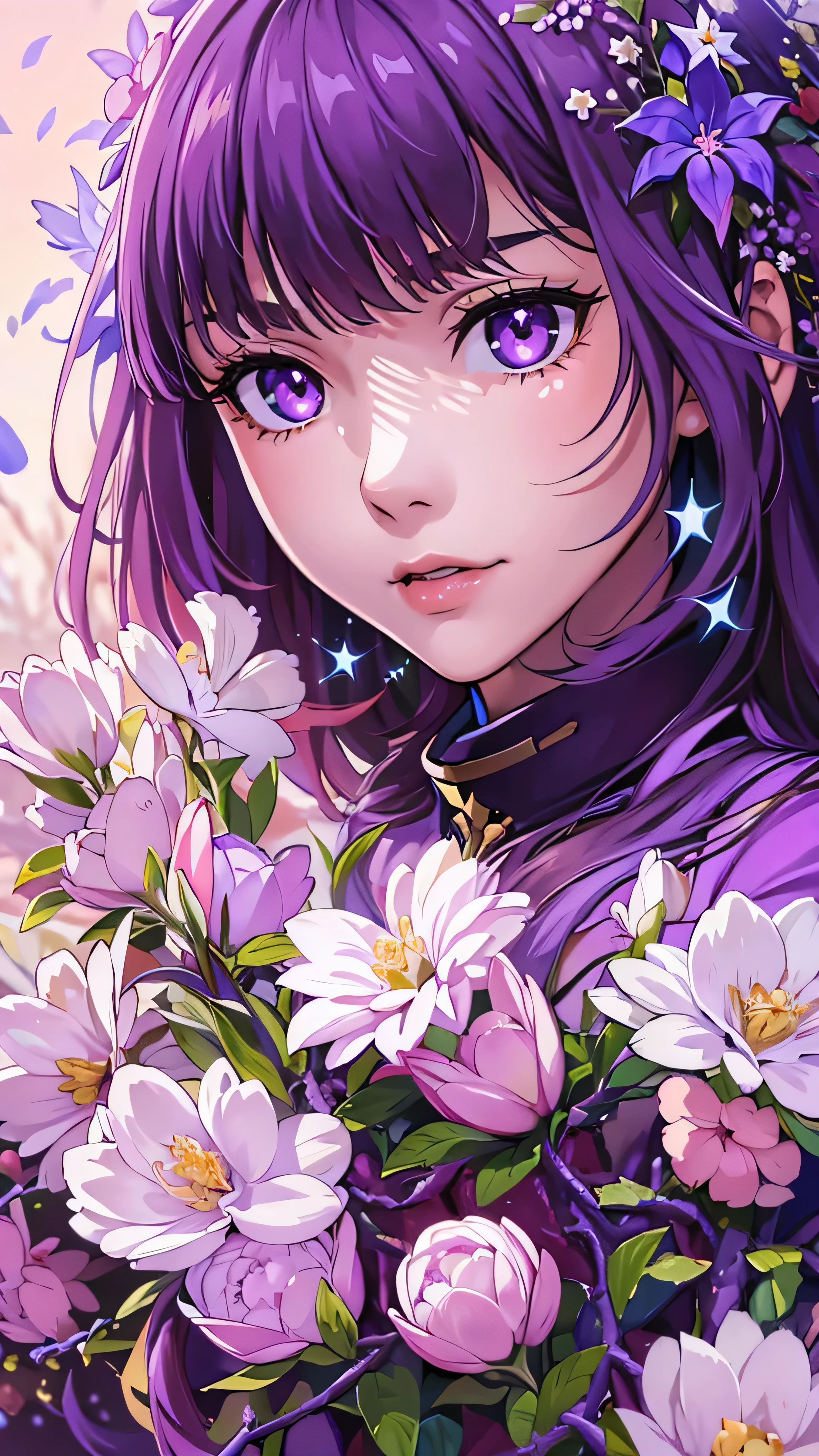 masterpiece,  top quality ,  ultra detail ,  illustrations,starnull ,流star群 ,  One girl ,Alone, Image body, flower,  Watch viewers, face details , full body high quality image  ,  PURPLE EYES,  Eyes Like Jewels,  very detailed eyes,  extremely detailed face,, Earth background, star (null), constellation, purple energy , handrail, 流star