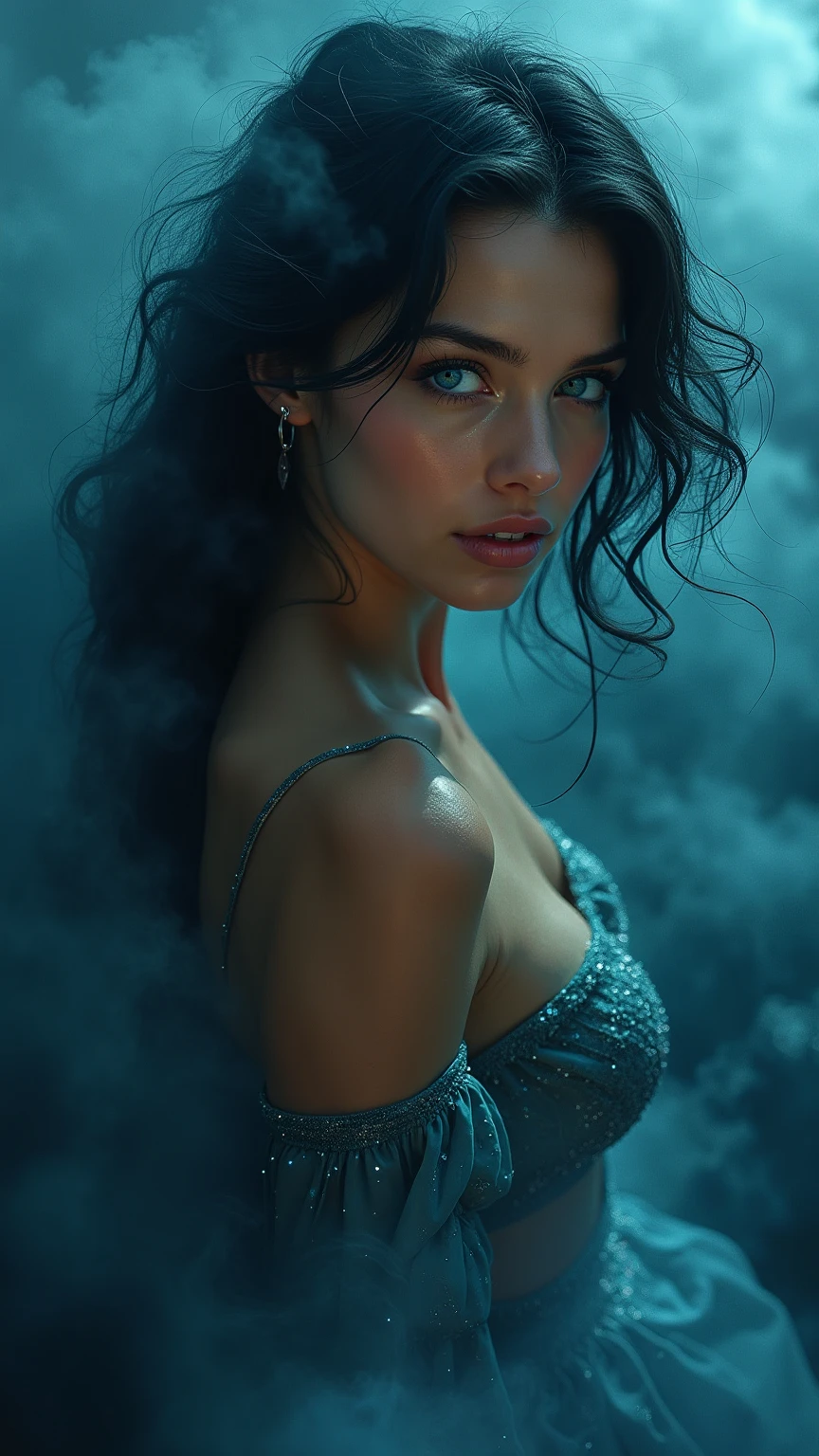 (Masterpiece.UHD.photorealistic) an ultra hot gorgeous European woman. Age 23. Voluptuous hourglass body. Gorgeous face. Epic cleavage (100 E size). detailed eyes, detailed lips, long eyelashes, elegant hairstyle, blue skin, blue hair, abstract blue background, (best quality,4k,8k,highres,masterpiece:1.2),ultra-detailed,(realistic,photorealistic,photo-realistic:1.37),vibrant colors,dramatic lighting,cinematic composition,digital painting,concept art
