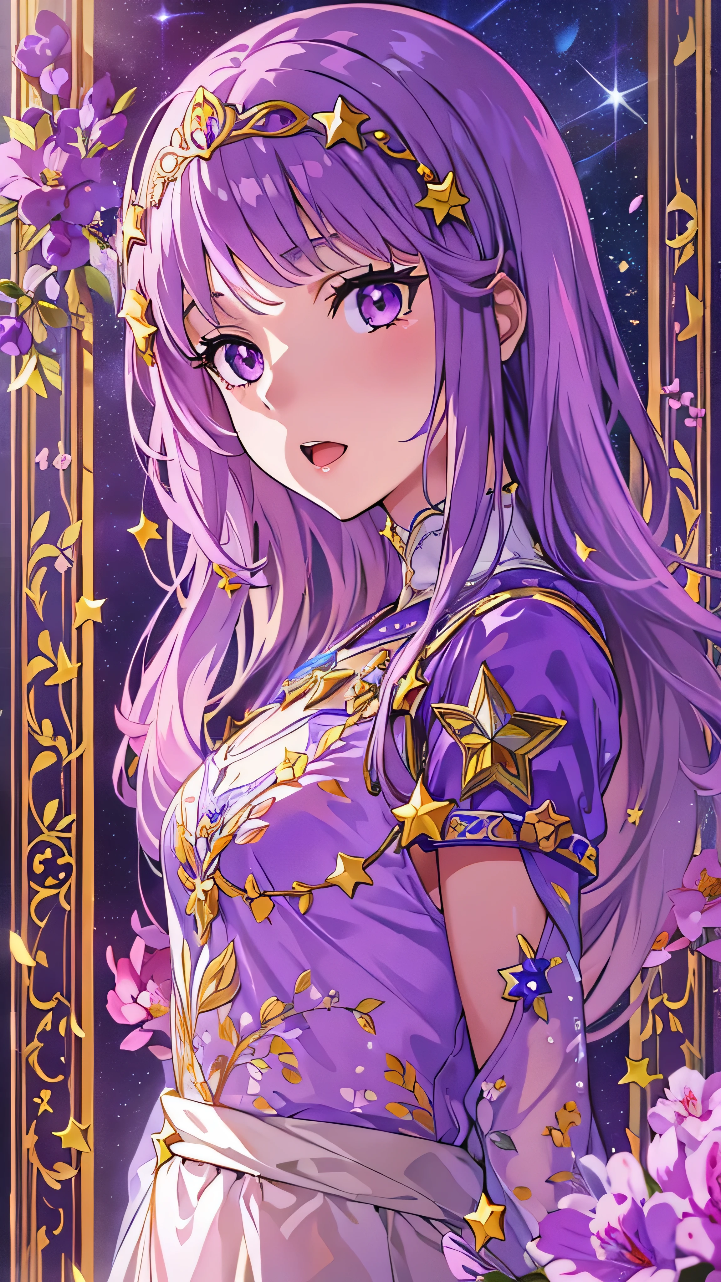 masterpiece,  top quality ,  ultra detail ,  illustrations,starnull ,流star群 ,  One girl ,Alone, Image body, flower,  Watch viewers, face details , full body high quality image  ,  PURPLE EYES,  Eyes Like Jewels,  very detailed eyes,  extremely detailed face,, Earth background, star (null), constellation, purple energy , handrail, 流star