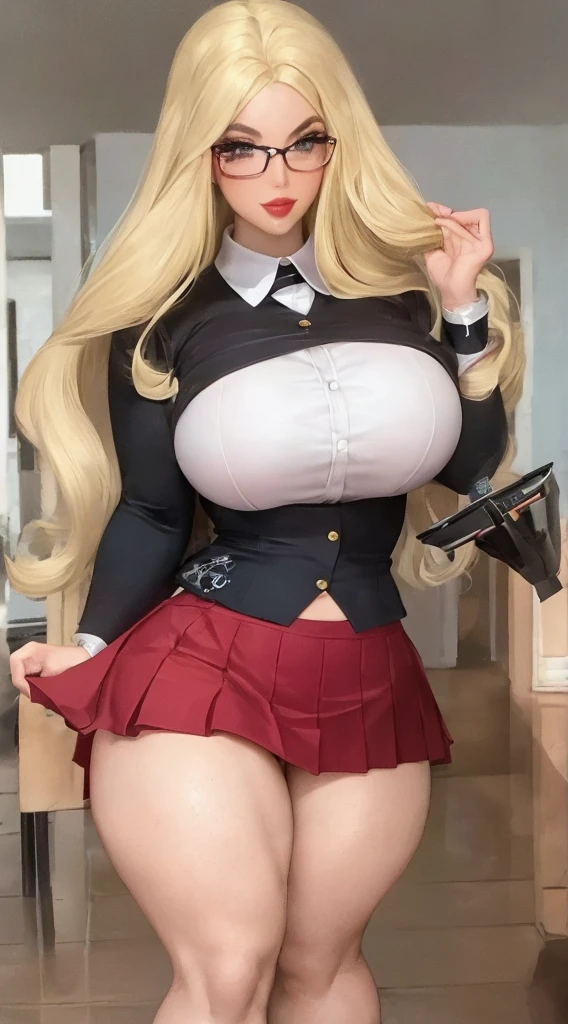 Full body photo of e7 MLuna, squatting, legs spread, (wearing Pink schoolgirl uniform)(high waist skirt)(Pink shirt) blush,shiny_skin, Massive breasts, deep cleavage, perfect breasts,Hourglass Body,Thin waist (Intricate, High Detail,Perfect lighting,perfect shadows, dramatic)(realistic:1)(beautiful face,detailed skin,detailed eyes:1)(realistic pupils,realistic iris:1) (gradient_background), thicc curvaceous voluptuous