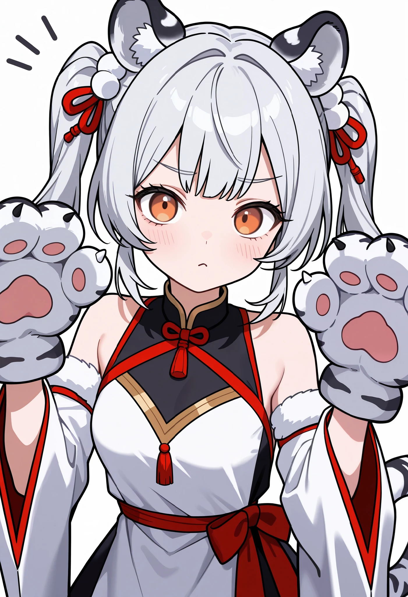 Masterpiece, 1girl,solo,bai and huang, animal ears,silver hair, orange eyes, small breasts,dress,bare shoulders,wide sleeves,sleeveless,hands up,animal hands,tiger paws,white fur, white background, simple background, upper body, score_9,score_8_up,score_7_up,score_6_up,