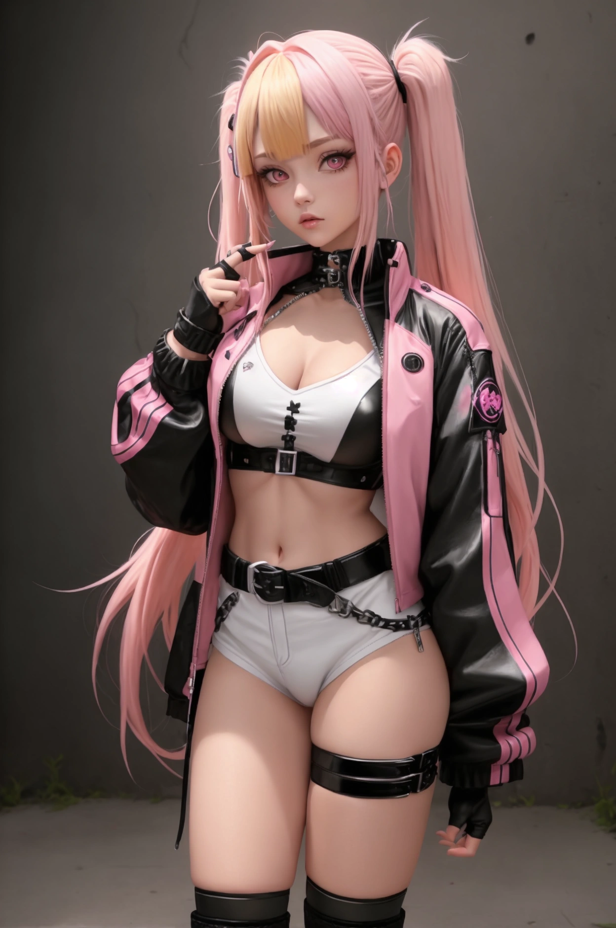 (all intricate details, Zenless Zone Zero style, 1 girl view, Nicole Demara): "Create a highly detailed character design featuring a young, vibrant girl with long, wavy pastel pink hair adorned with black bows on either side of her head. She has a playful smile and a wink in her left eye, with vibrant green eyes that shine with enthusiasm. She is wearing a short black jacket that reveals her shoulders, a white crop top with black graphic design, and black shorts with lace details and multiple belts and buckles. Her footwear consists of high black boots. Accessories include a heart-shaped pendant necklace, yellow earrings, and a small green backpack shaped like a bunny, decorated with a red cross on one eye and black and white details. In her right hand, she holds a large dark metallic box with symbols and letters. The character exudes confidence and a punk-rebellious style with kawaii touches, set in a futuristic or urban fantasy world."