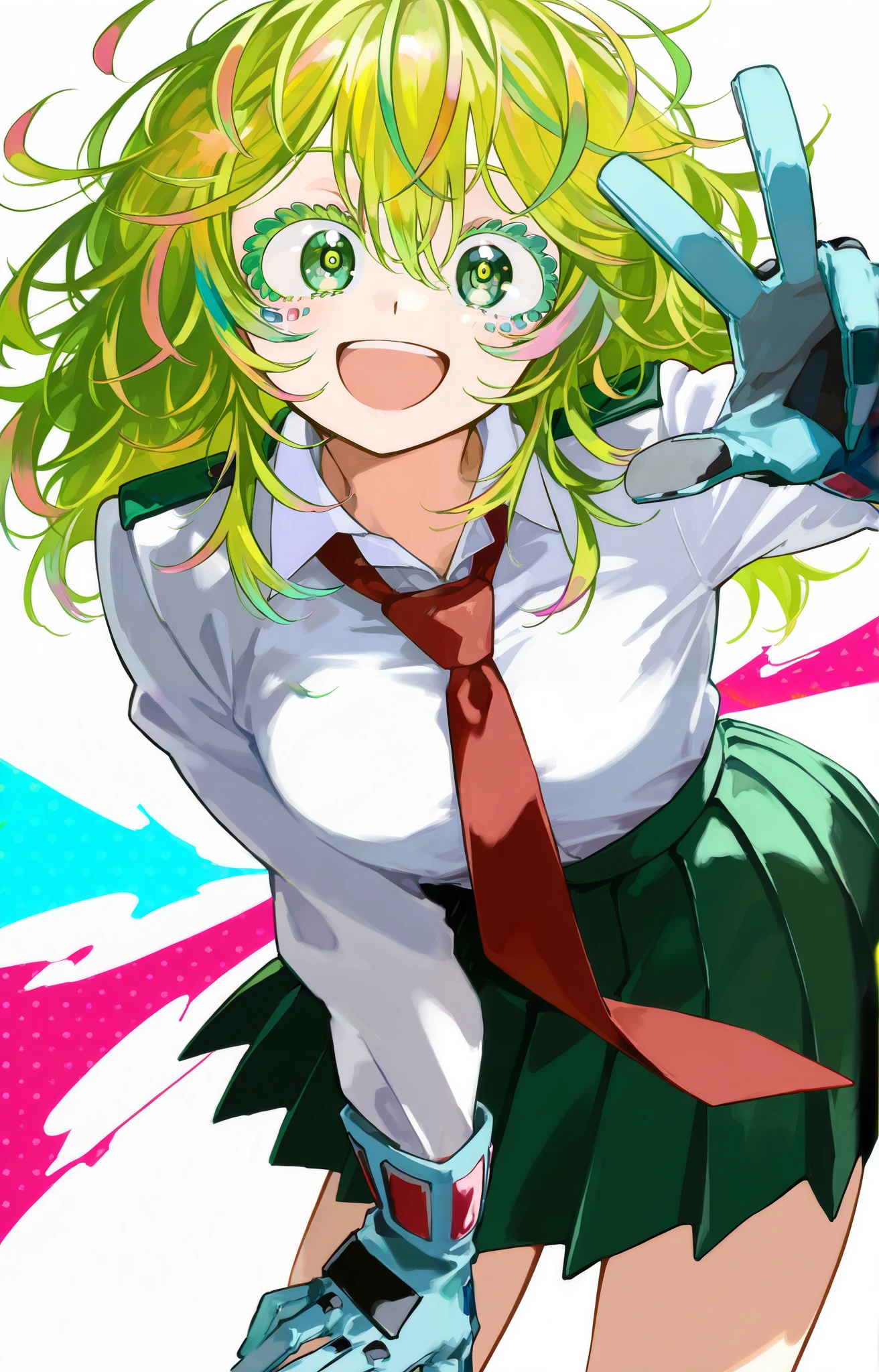 score_9,score_8_up,score_7_up ,hagakure tooru, 1girl, :d, collared shirt, gloves, green eyes, green hair, green skirt, looking at viewer, messy hair, multicolored hair, necktie, open mouth, pleated skirt, red necktie, school uniform, shirt, simple background, skirt, smile, solo, standing, two-tone hair, u.a. school uniform, unusually visible, white background, white shirt