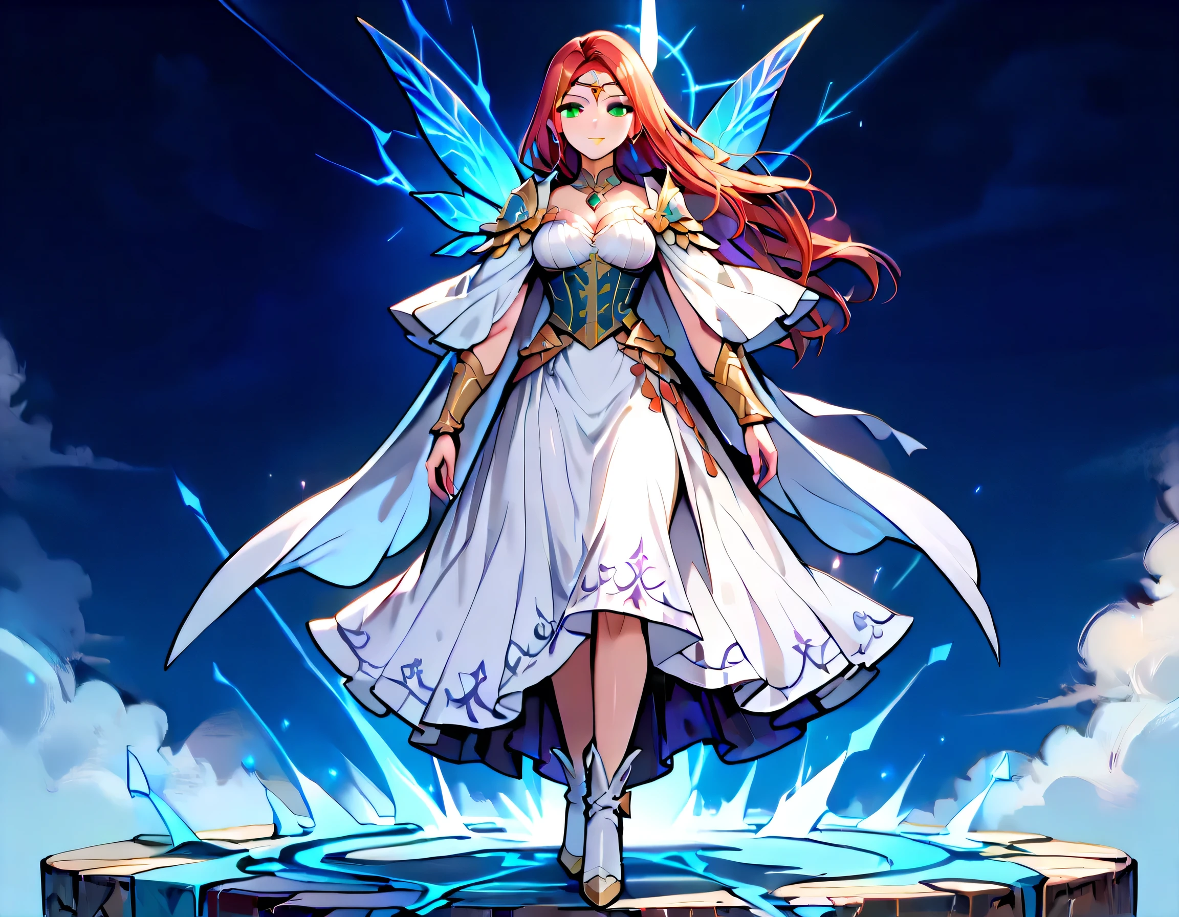 picture of a sorceress casting a spell in magical library, exquisite beautiful woman, dynamic hair color, dynamic hair style, ((full body shot: 1.5)), ((anatomically correct: 1.5)), (ultra detailed face: 1.2), best detailed face, high details, best quality, 16k, ((red dress: 1.2), (white cloak: 1.3), high heeled boots (ultra details, Masterpiece, best quality) masterpiece, best quality, (extremely detailed), full body, ultra wide shot, (ultra details, Masterpiece, best quality), fantasy art, dnd art, fantasy art, realistic art, (ultra details, Masterpiece, best quality), (ultra details, Masterpiece, best quality), FairyTaleAI, Hyperrealism style, rpg portrait