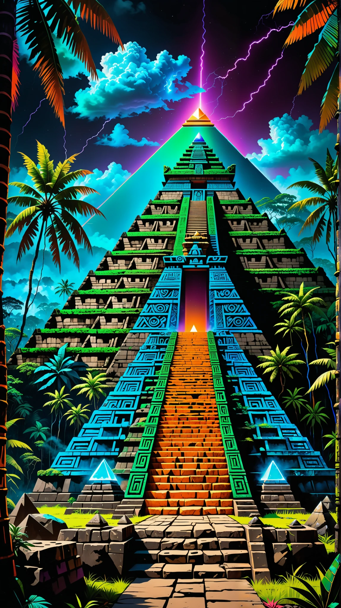 (vaporwave hemp Mayan pyramid concept art!!),  hemp biodiesel cyberpunk 2077 aesthetic,( LARGE MAYAN STONE undiscovered pyramid structures in faraway distance) , (jungle with a perfect golden pyramid!!), (blue and orange green neon synth wave futuristic grid!!!), vaporwave, neon, retro, surreal 1980s vibes, complex depth, perfect, beautiful, vibrant colors and dynamic contrasts, mystic, glowing, flawless detail, (gritty undiscovered Lemuria temple complex), INTRICATE LUMERIAN, CRYSTAL JUNGLE BAMBOO HEMP UNDISCOVERED MAYA LAOTIAN BALI TEMPLE COMPLEX STRETCHING TO A FARAWAY HORIZON VANISHING POINT,  glowing mushrooms, lightning striking, heavy dense rainforests clouds, fogs and mysterious mists, Depth Of Field, Cinematic Lighting,  Hyperrealism, Hyperdetailed, 