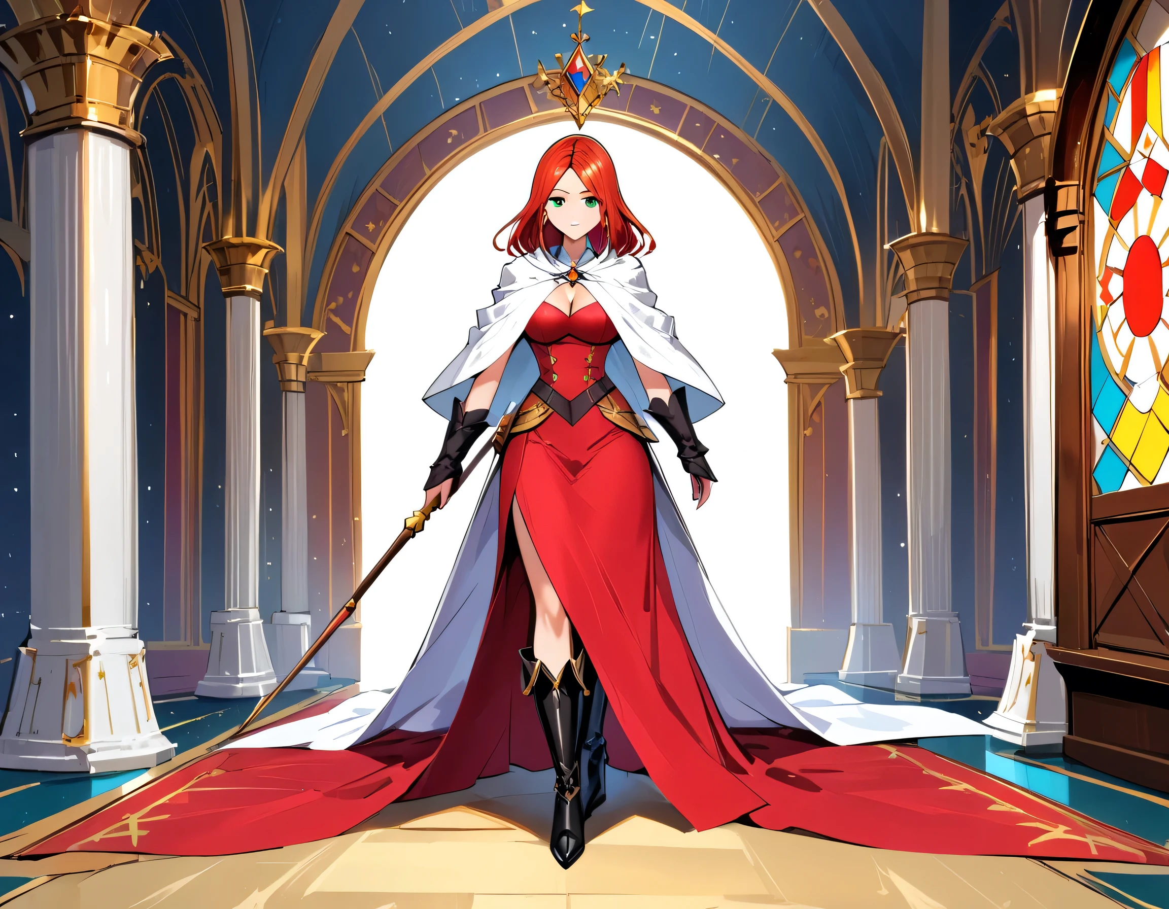picture of a sorceress casting a spell in magical library, exquisite beautiful woman, dynamic hair color, dynamic hair style, ((full body shot: 1.5)), ((anatomically correct: 1.5)), (ultra detailed face: 1.2), best detailed face, high details, best quality, 16k, ((red dress: 1.2), (white cloak: 1.3), high heeled boots (ultra details, Masterpiece, best quality) masterpiece, best quality, (extremely detailed), full body, ultra wide shot, (ultra details, Masterpiece, best quality), fantasy art, dnd art, fantasy art, realistic art, (ultra details, Masterpiece, best quality), (ultra details, Masterpiece, best quality), FairyTaleAI, Hyperrealism style, rpg portrait