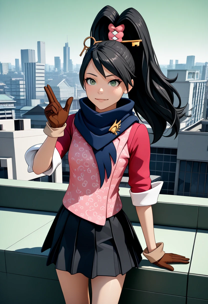 ( Super Realistic Pictures , RAW photos  , realism , 3d rendering ,Unity Engine), BREAK solo,  One girl , Kay Faraday , Green,  puts her hand on her waist,  two-finger salute,  long hair,  black hair,  high ponytail,  hair accessories, key,  green eyes,  two-sided fabric that closes ,  pink shirt,  rolled up my sleeves,  brown gloves, black skirt,  pleated skirt,  miniskirt,  knee-high,  blue scarf, BREAK Guest House,   knight , rooftop, city, street
