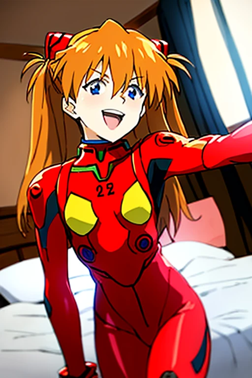 (( top quality )), ((masterpiece)), (be familiar with),  perfect face, indoor, bedroom,  Watching Viewers ,
One woman,  Soryu Asuka Langley,
 open mouth,  ecstatic expression beside the piano, blush, smile,
 small tits,  flat chest, Young girl, Lori,  s,  girl,
 long hair,  twin tails,
Leg spread,