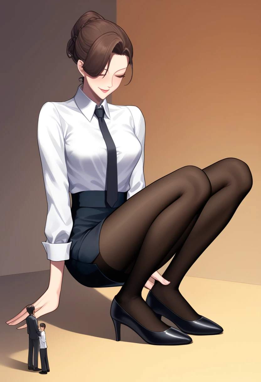 (( top quality )), ((masterpiece)), (be familiar with) Manga style illustration、Woman standing on top of man prostrated on office floor、 Mature Slender Woman 、brown middle hair、 one length that extends to her shoulders 、 one eye hidden by hair 、Office Style、 business suit、 black jacket 、White open shirt、 Black Knee Length Pencil Skirt 、 black pantyhose、 wearing black high heel pumps 、Looking Down、standing on top of a man、Stepping on the face、A man on the floor licks high heels、The whole body, even the toes