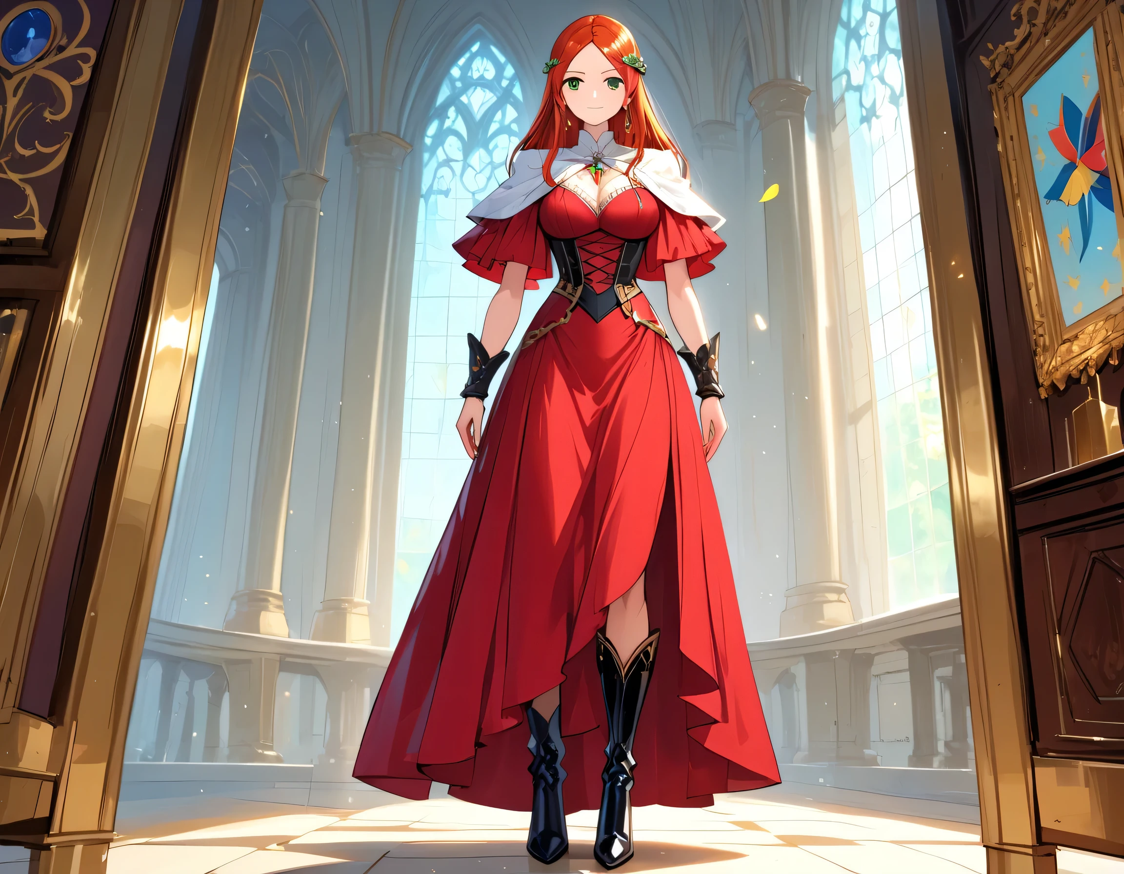 picture of a sorceress casting a spell in magical library, exquisite beautiful woman, dynamic hair color, dynamic hair style, ((full body shot: 1.5)), ((anatomically correct: 1.5)), (ultra detailed face: 1.2), best detailed face, high details, best quality, 16k, ((red dress: 1.2), (white cloak: 1.3), high heeled boots (ultra details, Masterpiece, best quality) masterpiece, best quality, (extremely detailed), full body, ultra wide shot, (ultra details, Masterpiece, best quality), fantasy art, dnd art, fantasy art, realistic art, (ultra details, Masterpiece, best quality), (ultra details, Masterpiece, best quality), FairyTaleAI, Hyperrealism style, rpg portrait