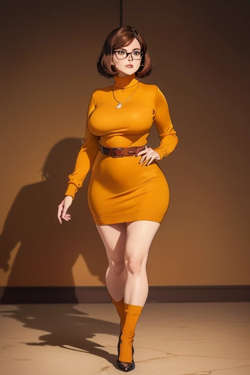 ((masterpiece, best quality, ultra-detailed, ultra-HD, photorealistic, cinematic)), (wide camera shot, full body view:1.5), (sensual pose, standing), (alluring and voluptuous female as Velma Dinkley:1.2), perfect anatomy, perfect face, proportioned hands, (deep shade of auburn with a slight natural wave hair color, chin-length bob with blunt bangs hairstyle:1.3), (retro-chic style outfit, knee-length and maroon turtleneck dress:1.2), (a matching maroon belt that cinches at her waist:1.2), (thick-framed black square glasses), (wears knee-high, mustard-yellow socks that peek out just above her brown, sensible lace-up shoes), (sports a delicate, gold pendant necklace), (vibrant orange cardigan slung over her shoulders), ((dynamic background))