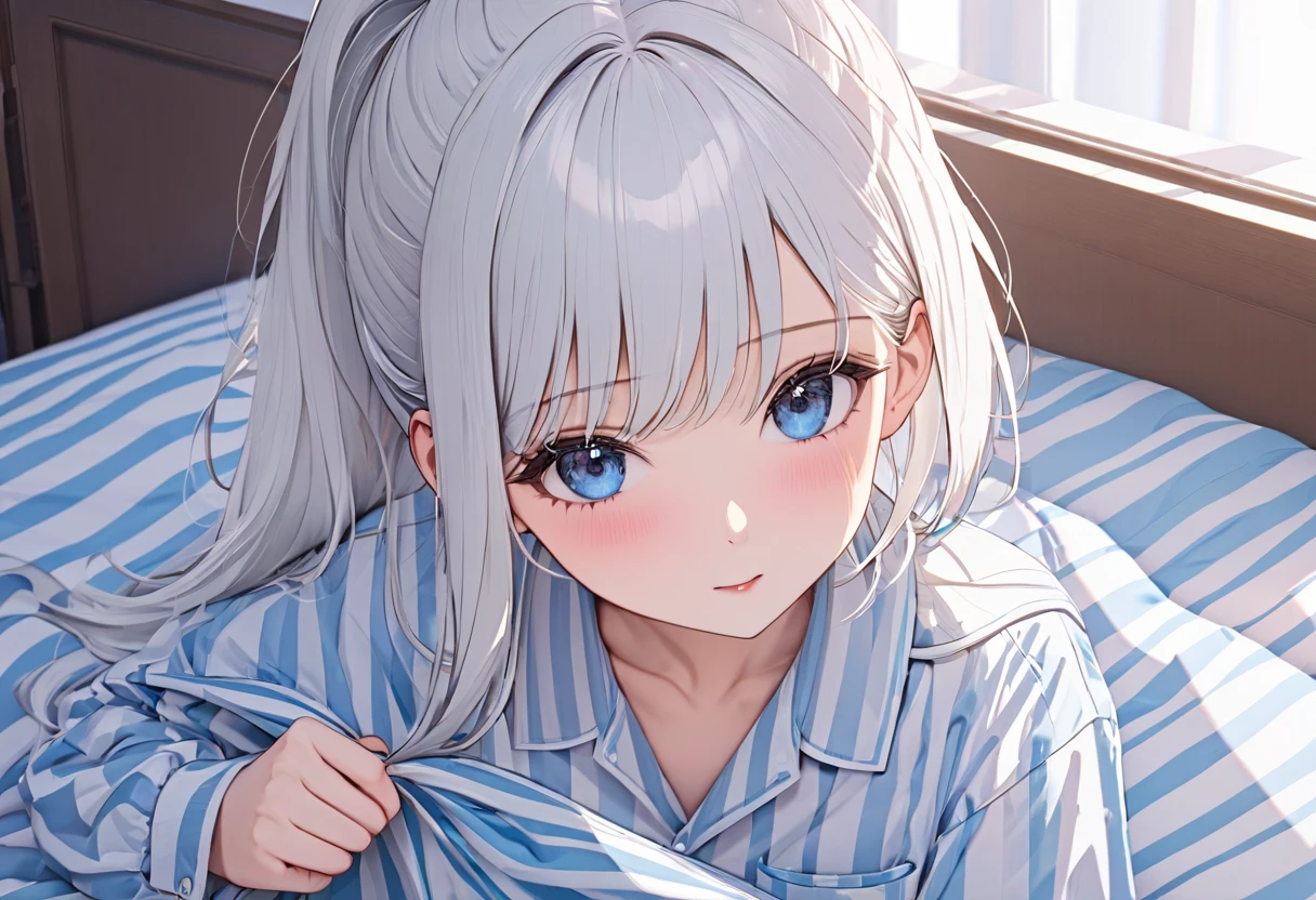 NSFW, silver hair, blue eyes, straight hair, medium breasts, solo, heart shaped eyes, blushing, cute pajamas, cleavage, sexy panties, sleeping in bed with viewer