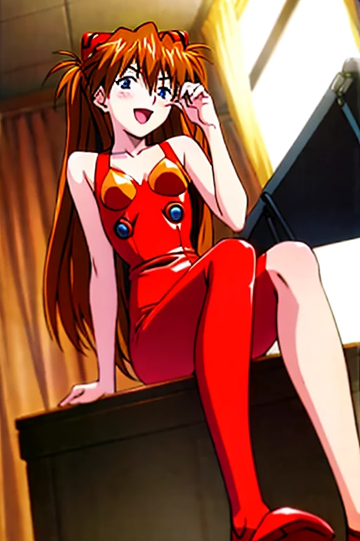 (( top quality )), ((masterpiece)), (be familiar with),  perfect face, indoor, bedroom,  Watching Viewers ,
One woman,  Soryu Asuka Langley,
 open mouth,  ecstatic expression beside the piano, blush, smile,
 small tits,  flat chest, Young girl, Lori,  s,  girl,
 long hair,  twin tails,
Leg spread,