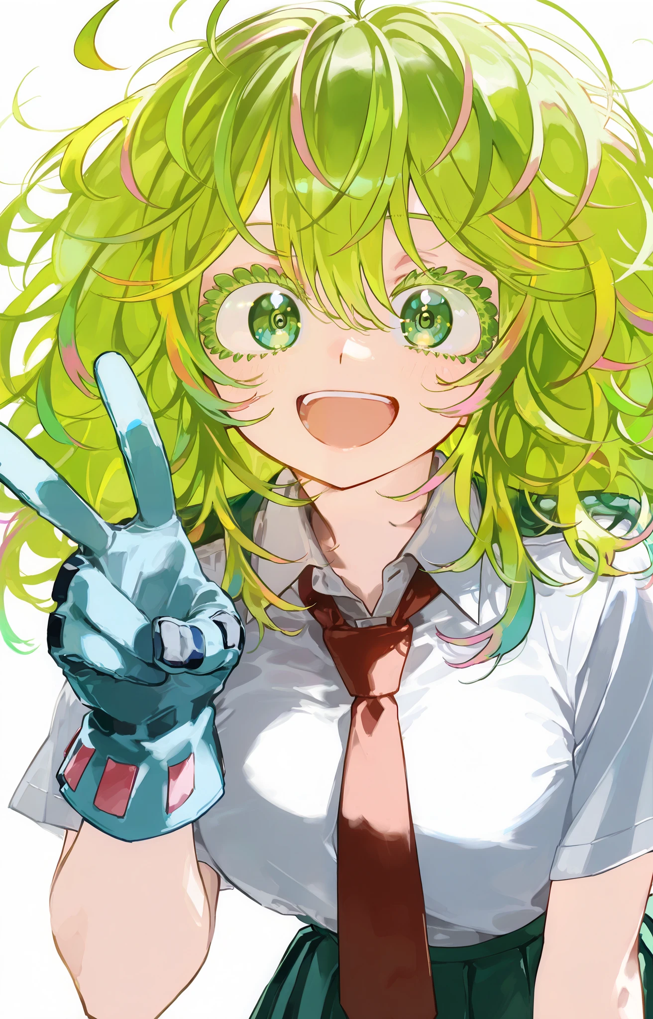 score_9,score_8_up,score_7_up ,hagakure tooru, 1girl, :d, collared shirt, gloves, green eyes, green hair, green skirt, looking at viewer, messy hair, multicolored hair, necktie, open mouth, pleated skirt, red necktie, school uniform, shirt, simple background, skirt, smile, solo, standing, two-tone hair, u.a. school uniform, unusually visible, white background, white shirt,long eyelashes