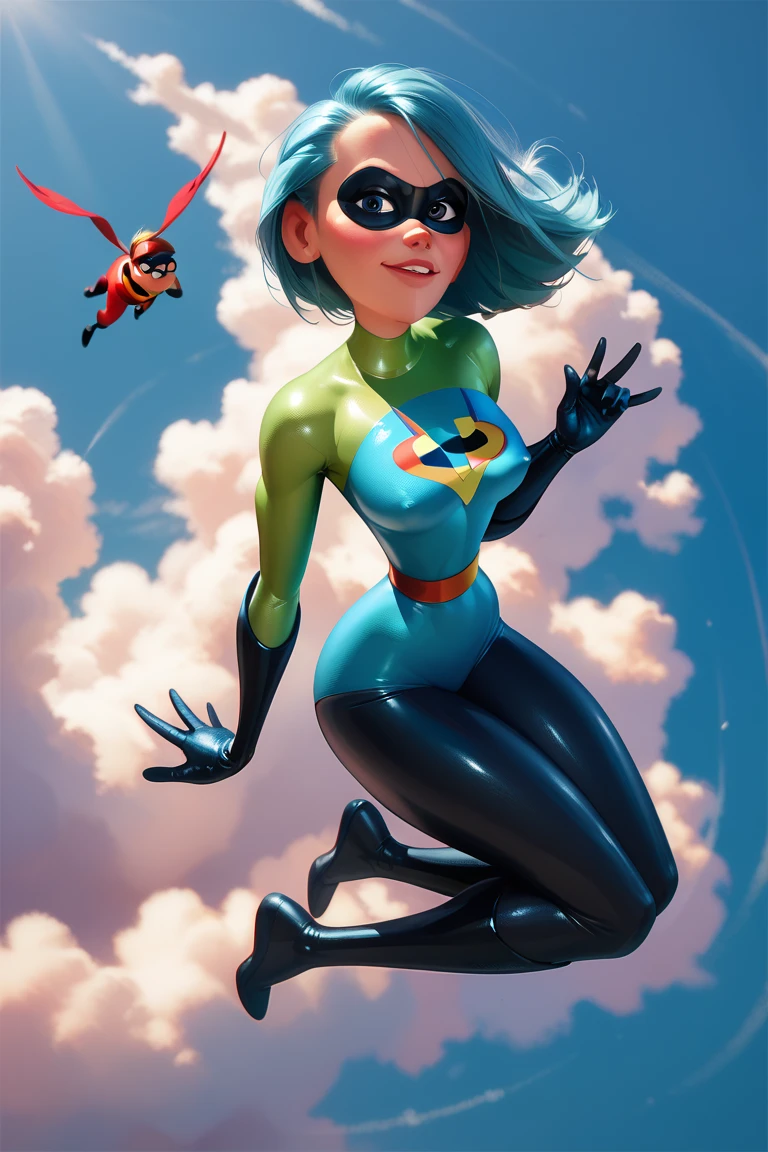 Sexy voyd from the incredibles, tight suit, huge tits,confident pose,small head, flying, adult,full body,strong and detailled abs