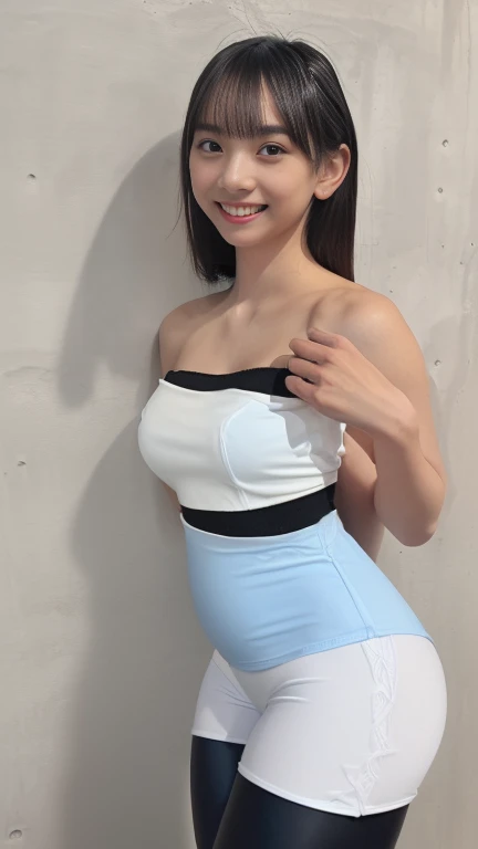 (8K、RAW Photos、Highest quality、masterpiece:1.2)、(Realistic、Realistic)、1 girl、((Full Body Tights:1.5、With pubic hair、Large Breasts、Full body from the front、Standing with hands behind back、、Lots of eyelashes、Glowing eyelids、skeletally correct、smile、This photo will awaken boys to sex