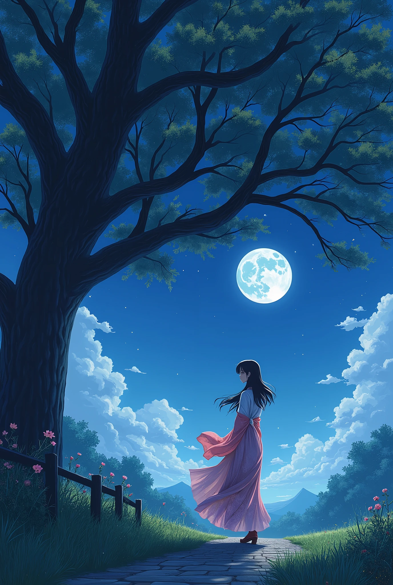 anime,  manga ,  Japanese woman, beautiful, cute,  beauty,  Outstanding style, night,  starry sky , Moonlight, Large tree, Grass Square, 