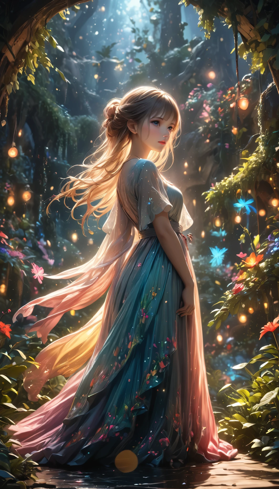 a girl in a magical garden, (best quality,4k,8k,highres,masterpiece:1.2),ultra-detailed,(realistic,photorealistic,photo-realistic:1.37),HDR,UHD,studio lighting,ultra-fine painting,sharp focus,physically-based rendering,extreme detail description,professional,vivid colors,bokeh,fantasy landscape,surreal,dreamlike,whimsical,colorful,lush vegetation,floating crystals,glowing fireflies,magical atmosphere,beautiful detailed eyes,beautiful detailed lips,extremely detailed eyes and face,long eyelashes,young girl,serene expression,flowing dress,barefoot,ethereal