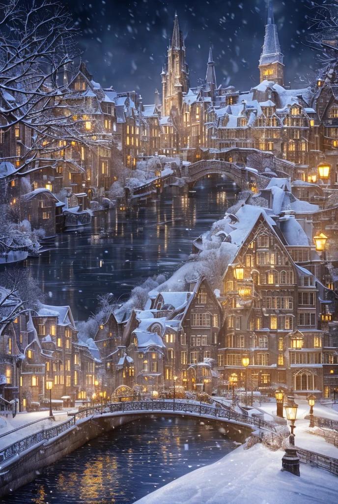 A magical winter night in a fantasy city, warm glowing streetlights and lanterns, intricate European-style architecture with steeples and arched windows, gentle snowfall reflecting on a quiet river, soft blue and amber tones, dreamy atmosphere, highly detailed textures, bokeh light effects, serene and peaceful mood.