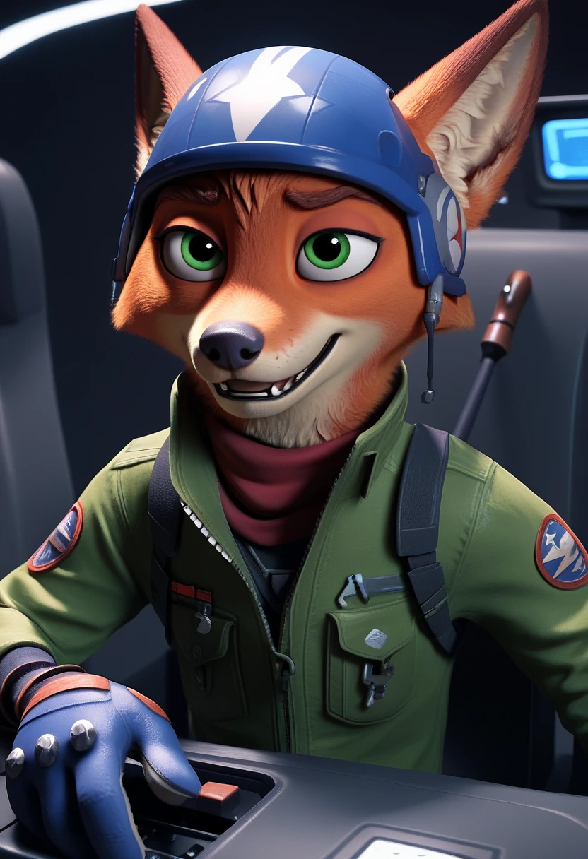 Nick the Fox Man in Zootopia。Star Fox's World 。 posing in a cool way 。 Wearing Star Fox's Clothes。Sitting in the cockpit of the fighter Irwin。 wearing a helmet。 holding a cane in the right hand。Disney movie style 。 has green eyes 。