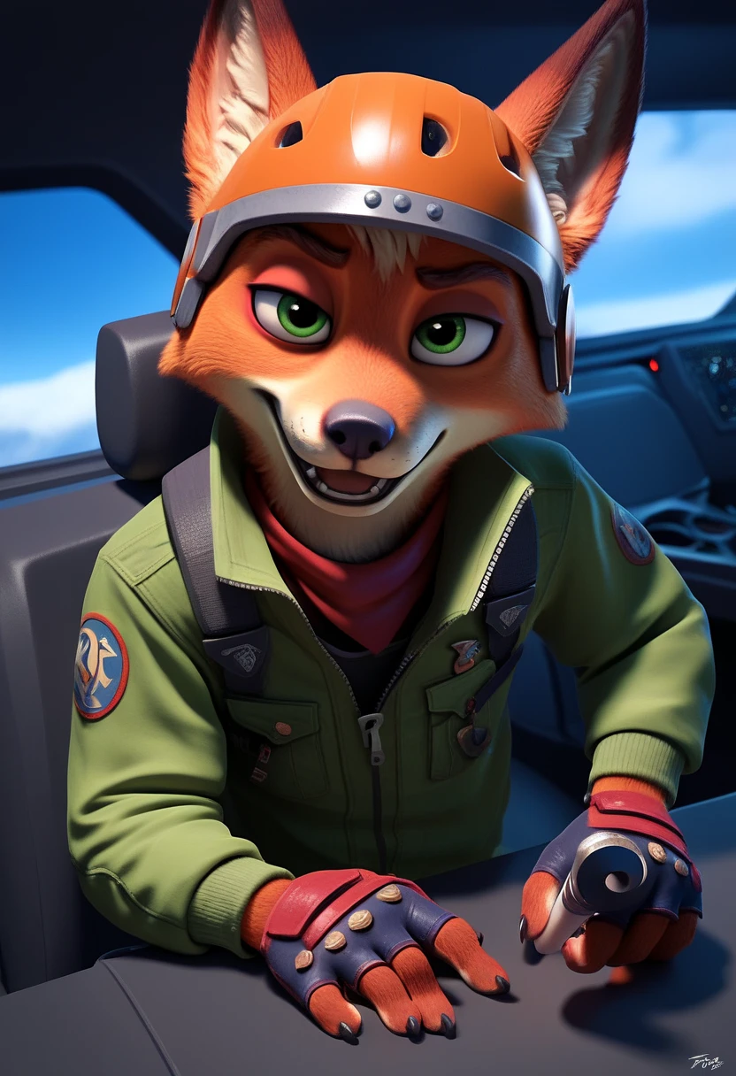 Nick the Fox Man in Zootopia。Star Fox's World 。 posing in a cool way 。 Wearing Star Fox's Clothes。Sitting in the cockpit of the fighter Irwin。 wearing a helmet。 holding a cane in the right hand。Disney movie style 。 has green eyes 。