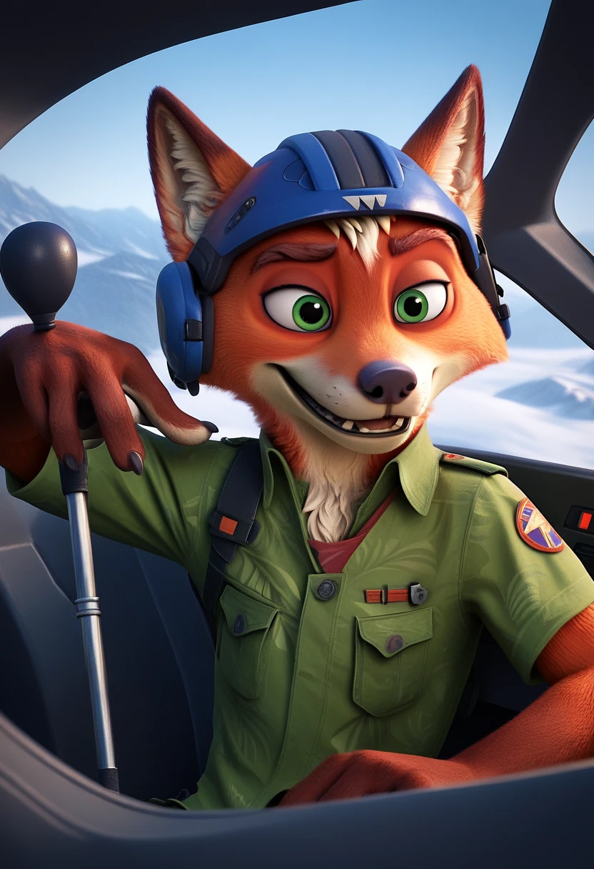 Nick the Fox Man in Zootopia。Star Fox's World 。 posing in a cool way 。 Wearing Star Fox's Clothes。Sitting in the cockpit of the fighter Irwin。 wearing a helmet。 holding a cane in the right hand。Disney movie style 。 has green eyes 。